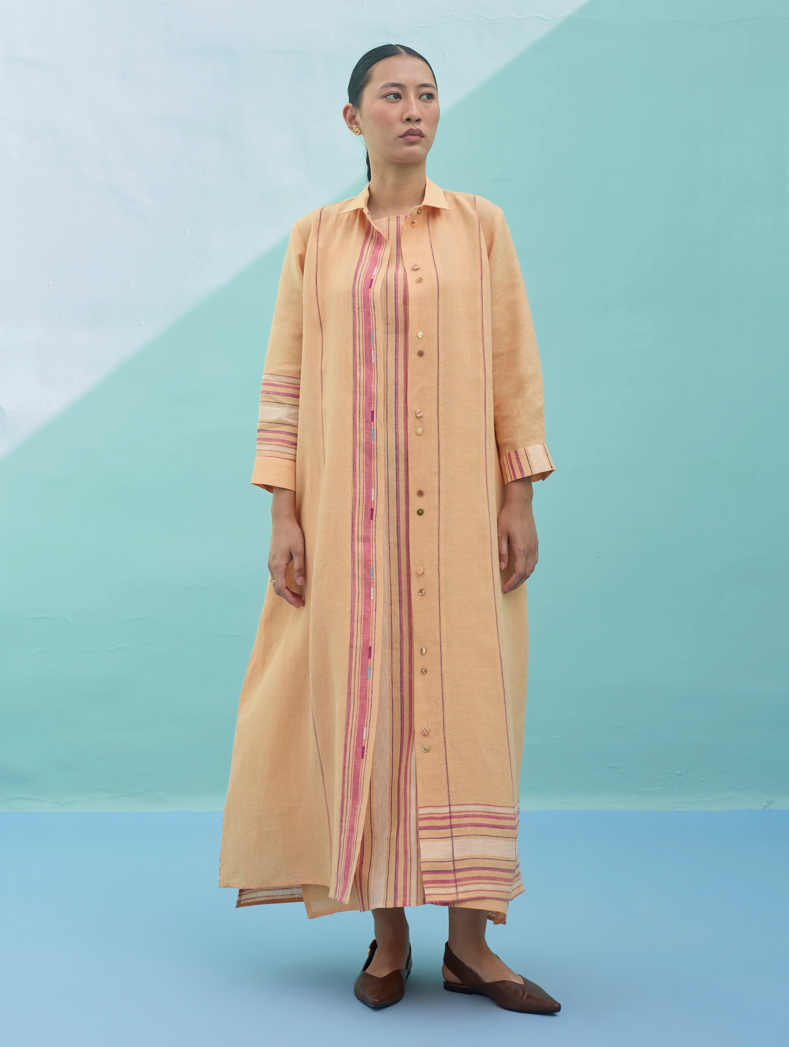 Beli Sleeveless Border Linen Dress with Overlay - Apricot - Image 12