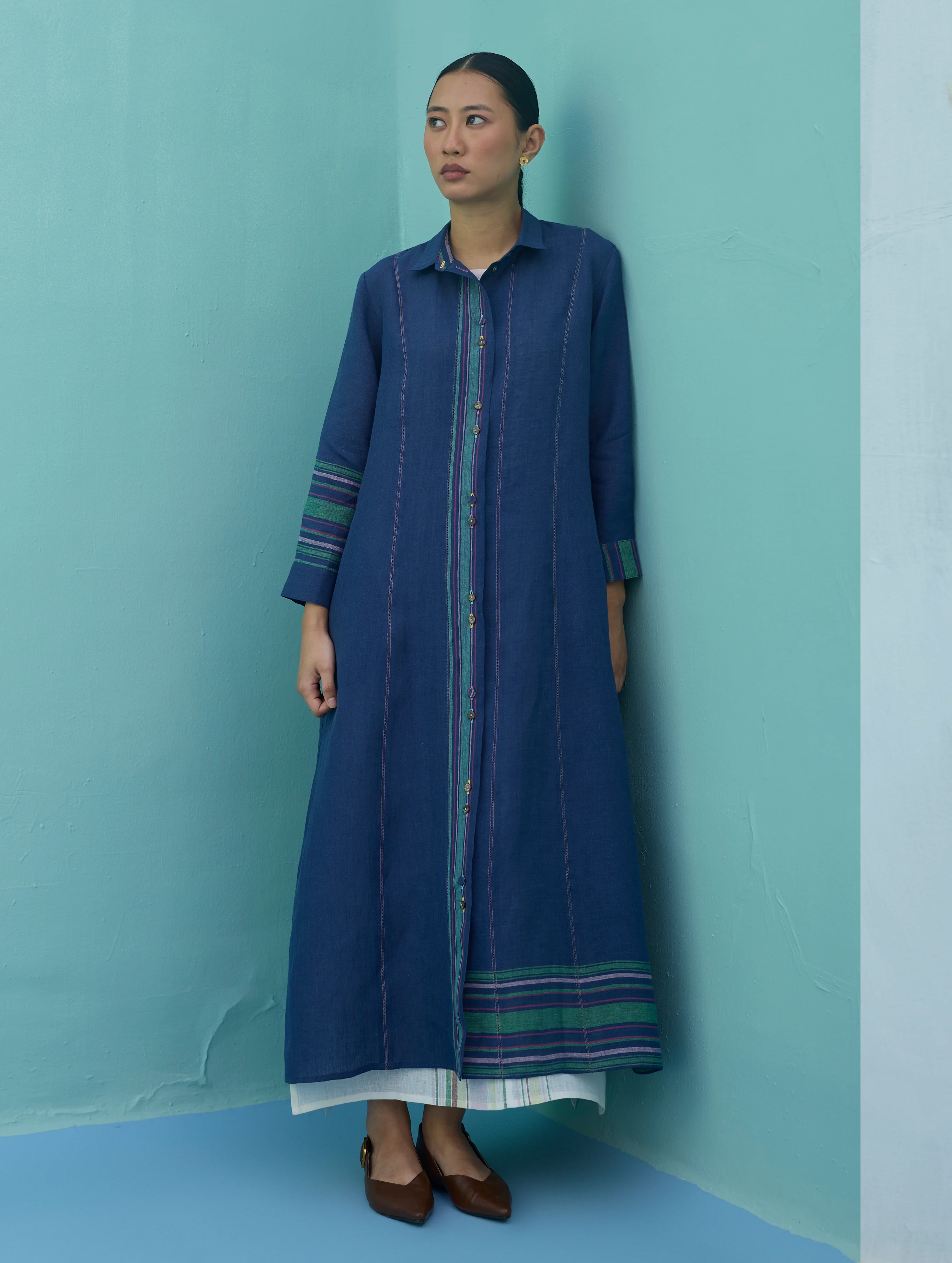 Beli Sleeveless Border Linen Dress with Overlay - Ivory - Image 10