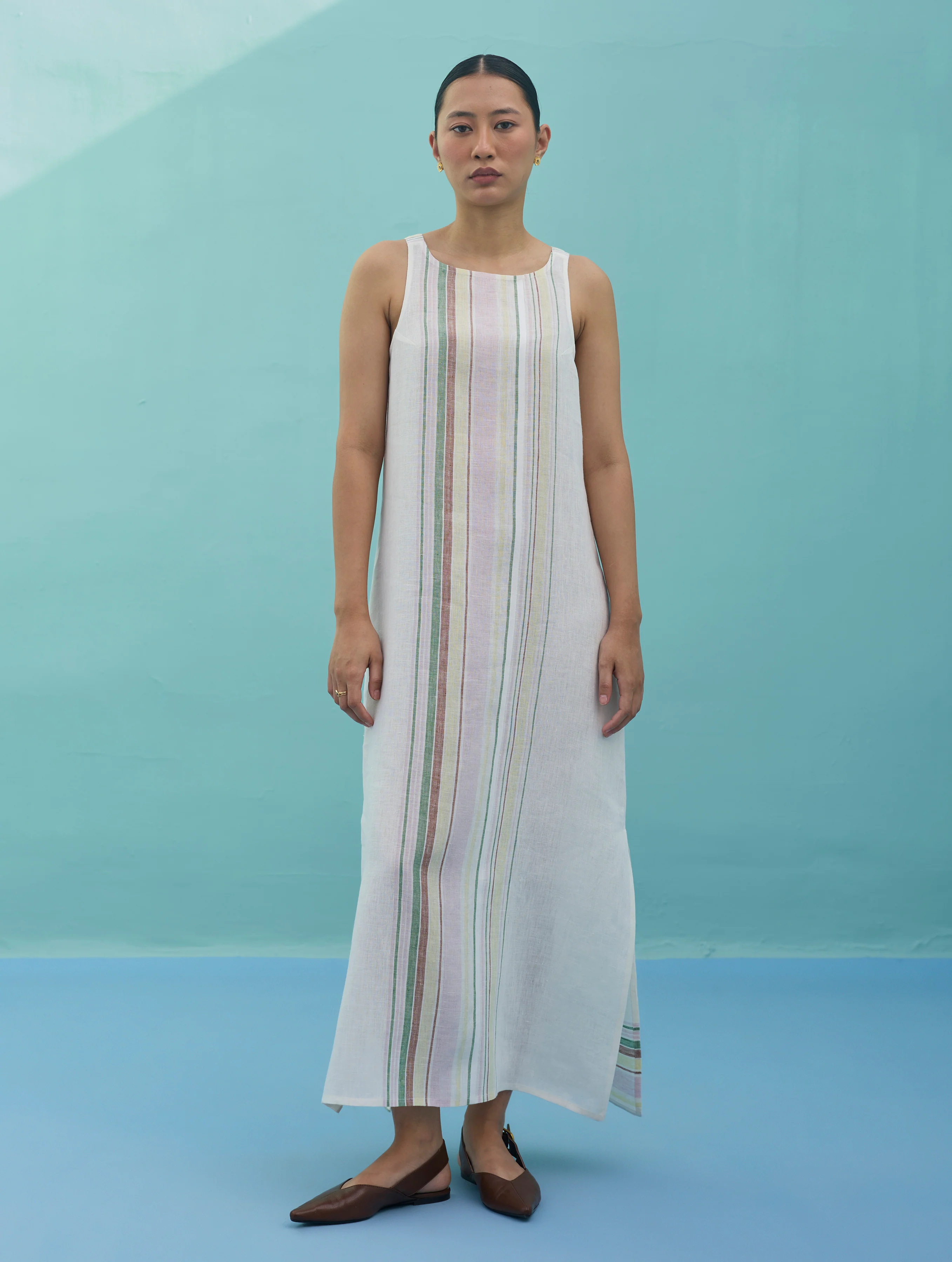 Beli Sleeveless Border Linen Dress with Overlay - Ivory - Image 11