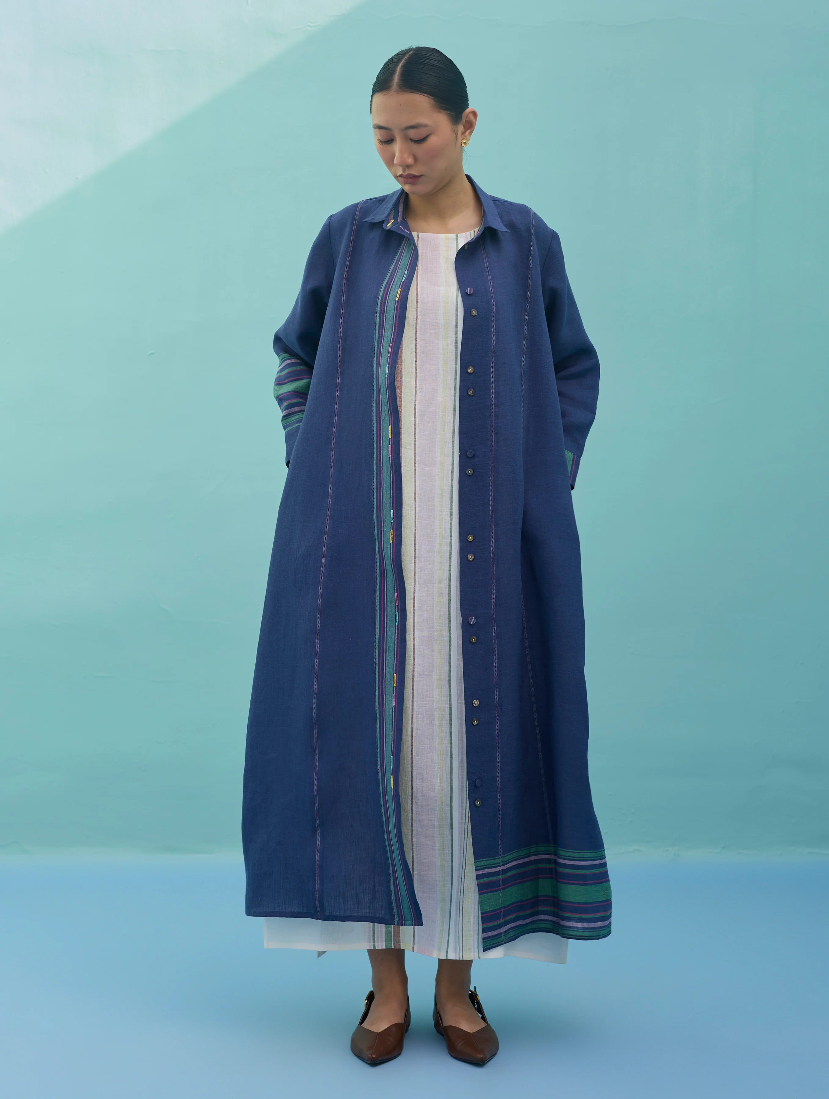 Beli Sleeveless Border Linen Dress with Overlay - Ivory - Image 12