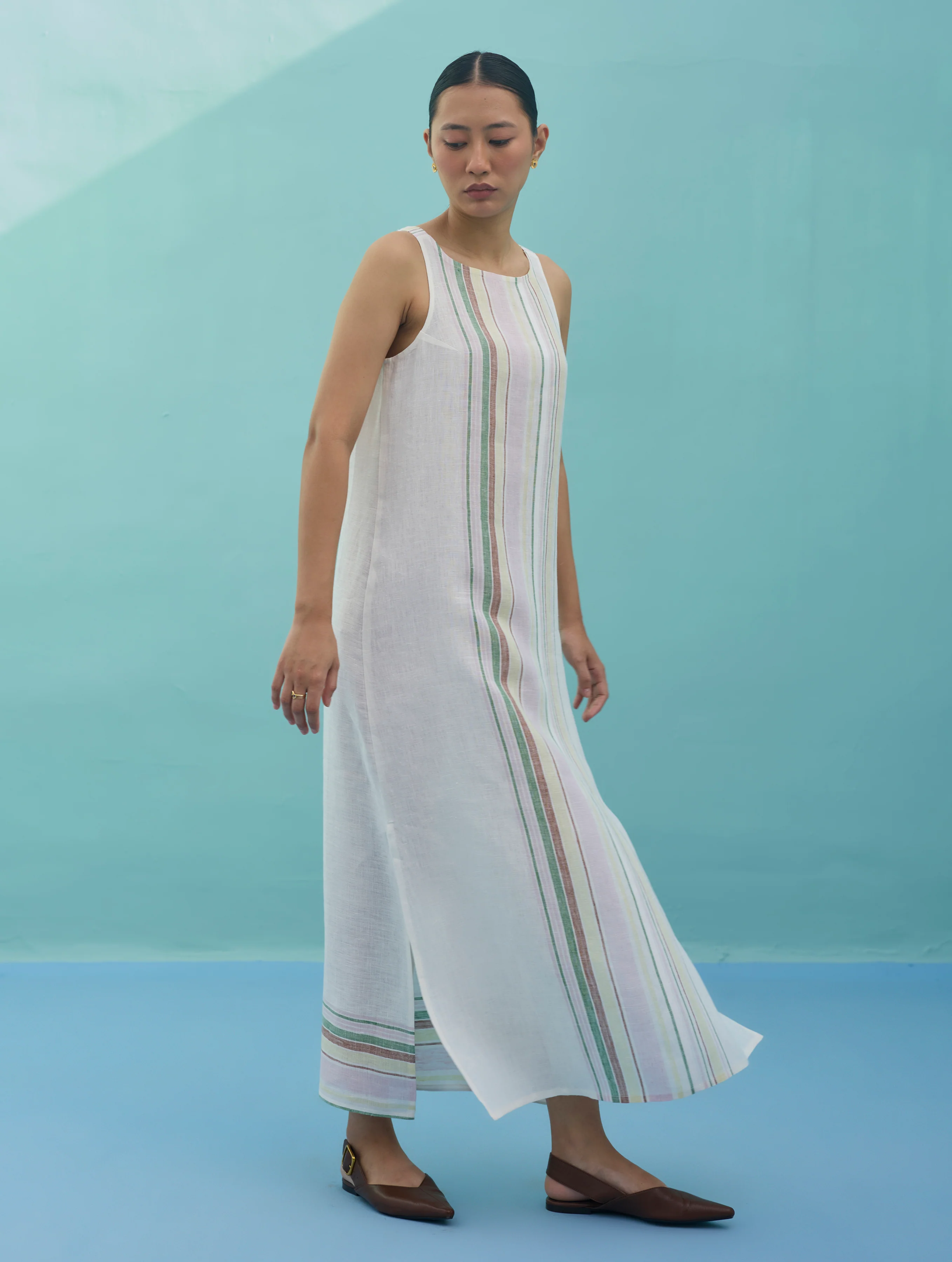 Beli Sleeveless Border Linen Dress with Overlay - Ivory - Image 14