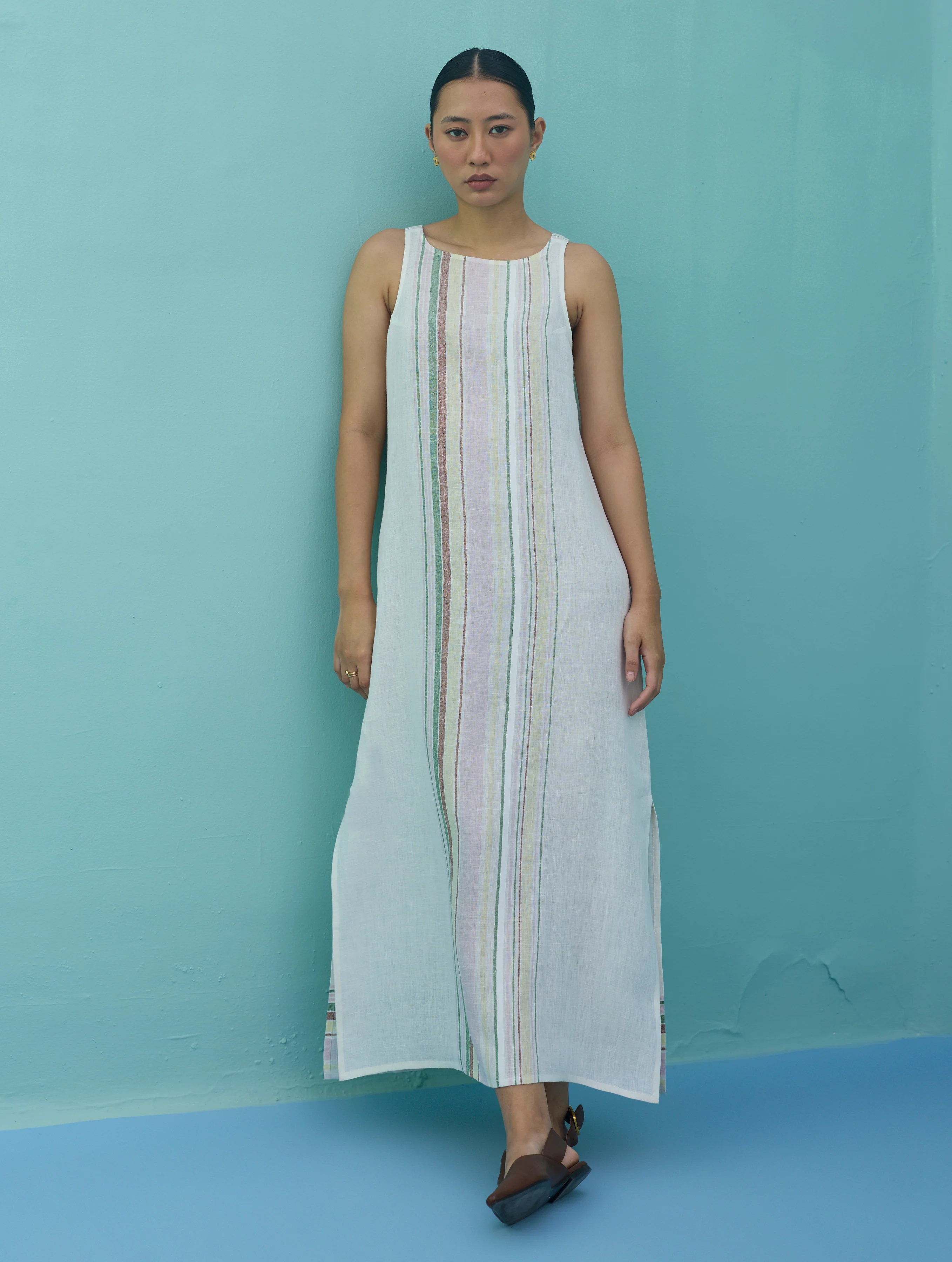 Beli Sleeveless Border Linen Dress with Overlay - Ivory - Image 3