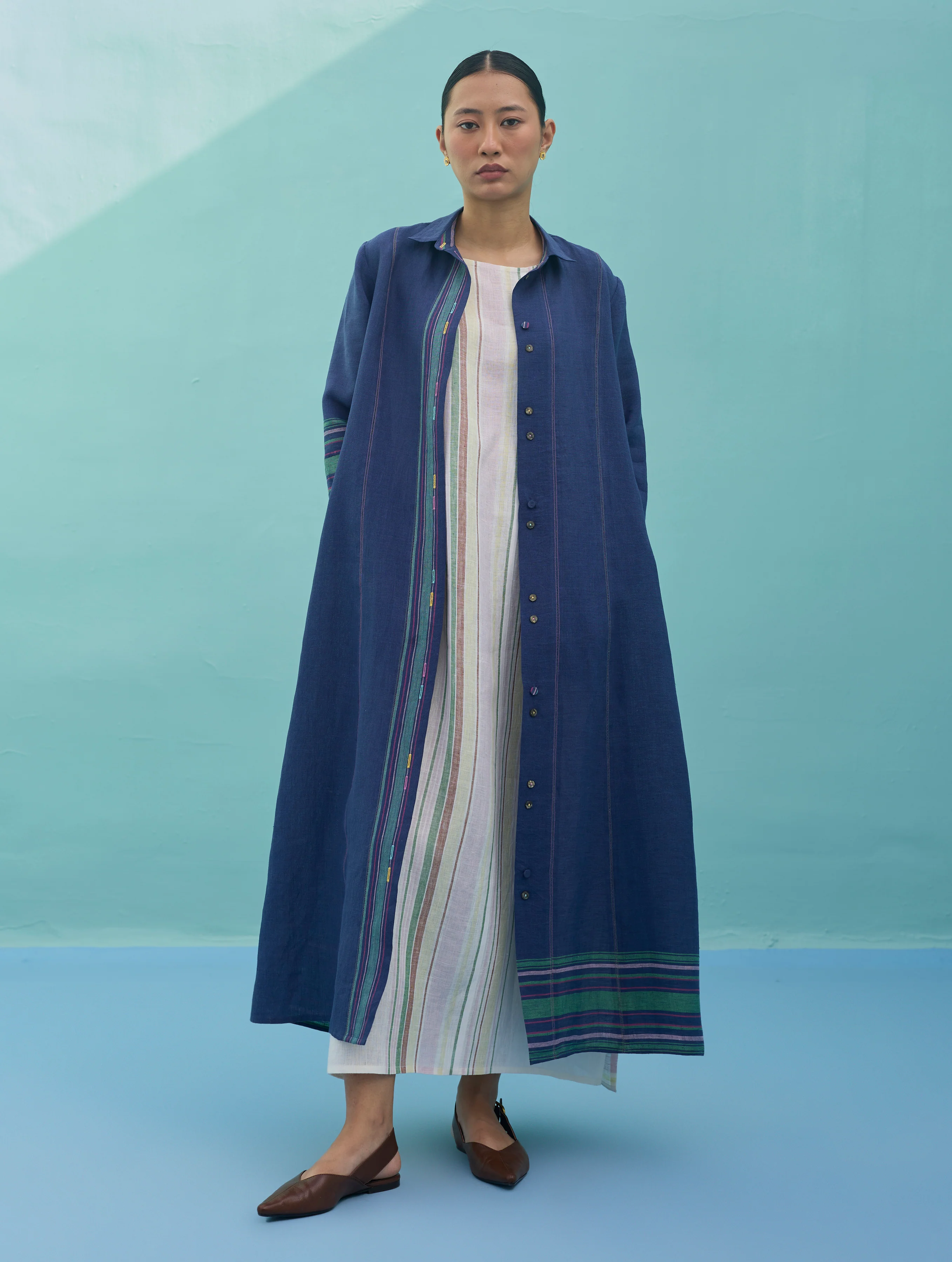 Beli Sleeveless Border Linen Dress with Overlay - Ivory - Image 4