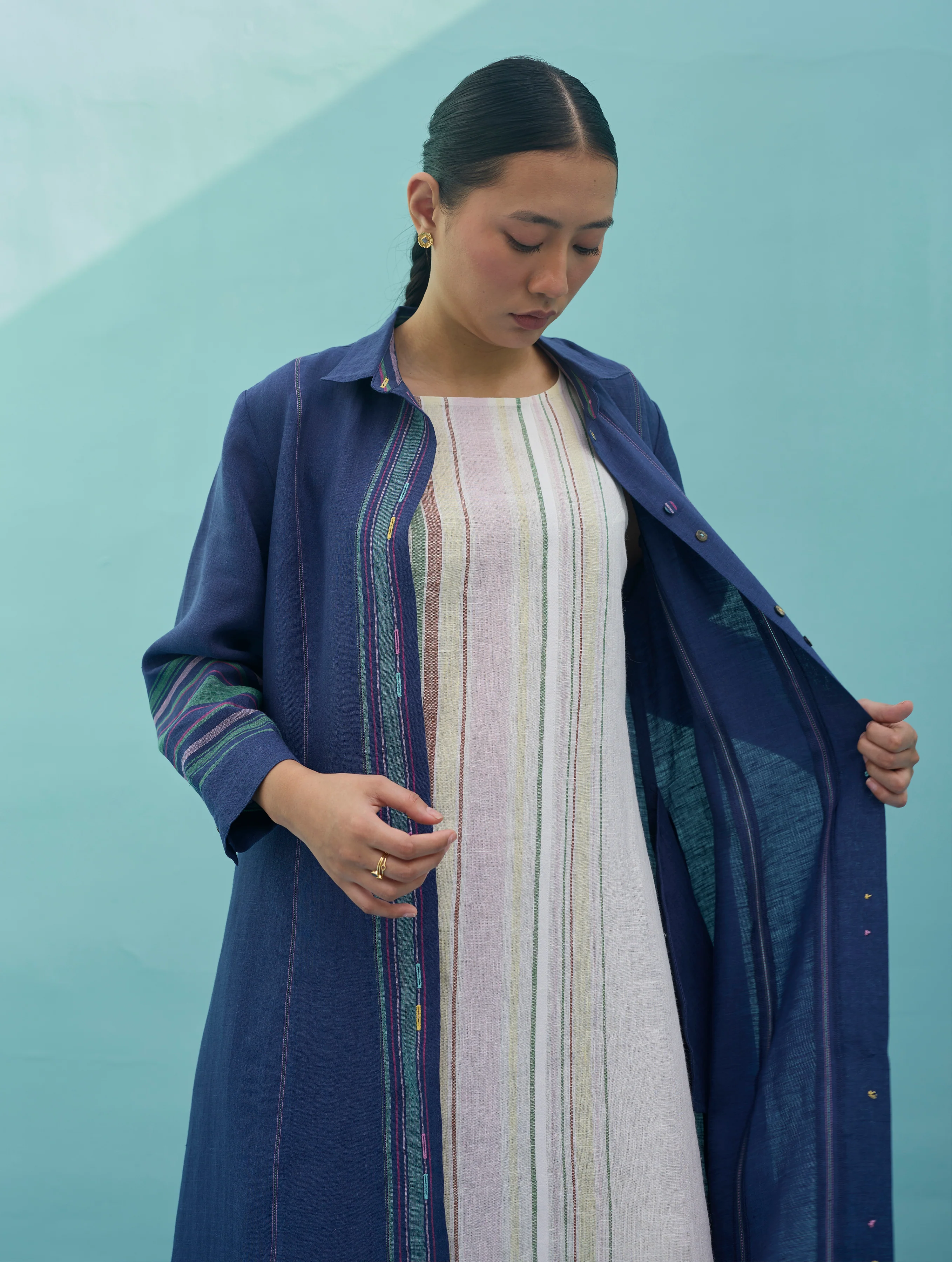 Beli Sleeveless Border Linen Dress with Overlay - Ivory - Image 6