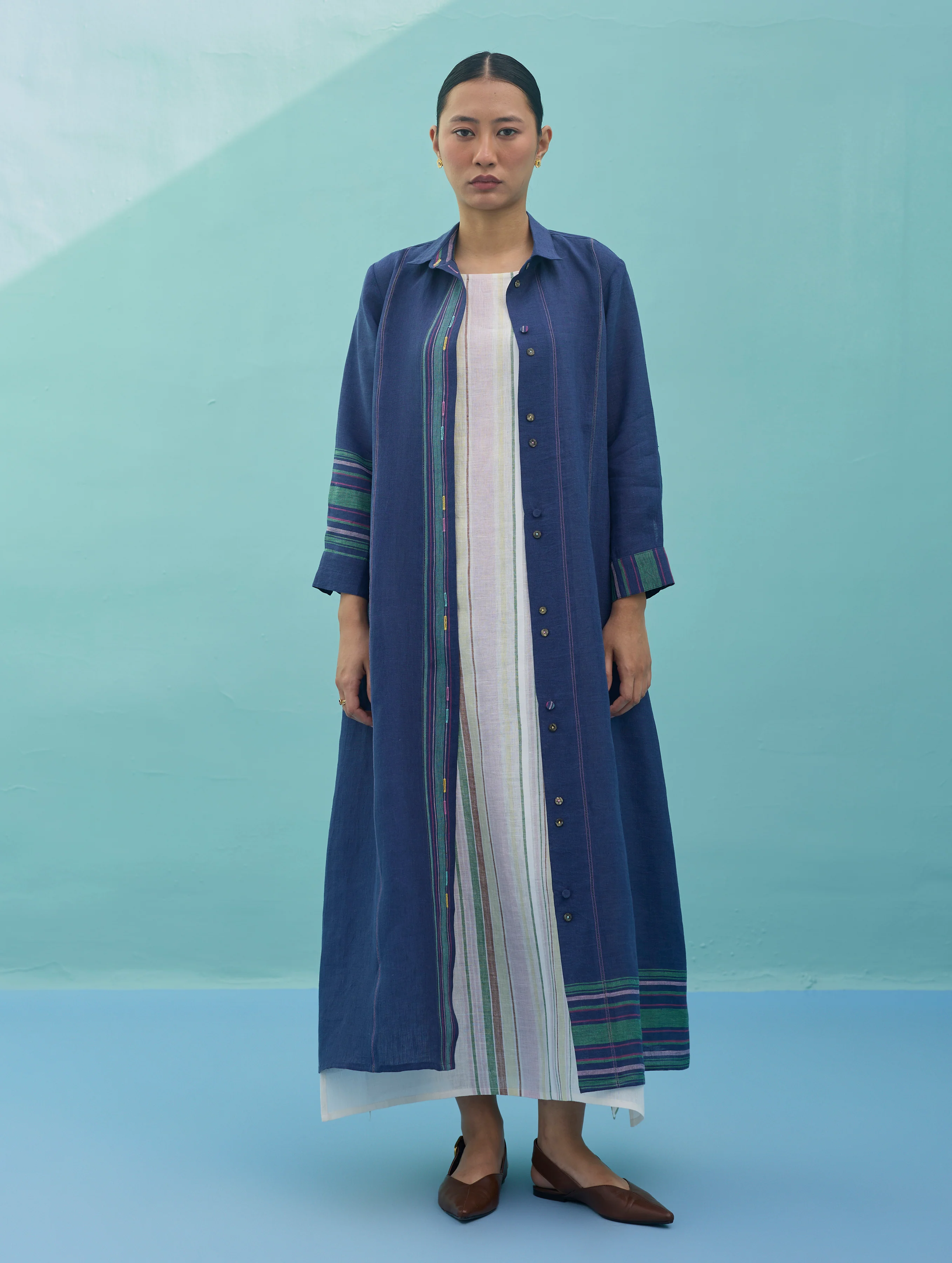 Beli Sleeveless Border Linen Dress with Overlay - Ivory - Image 7