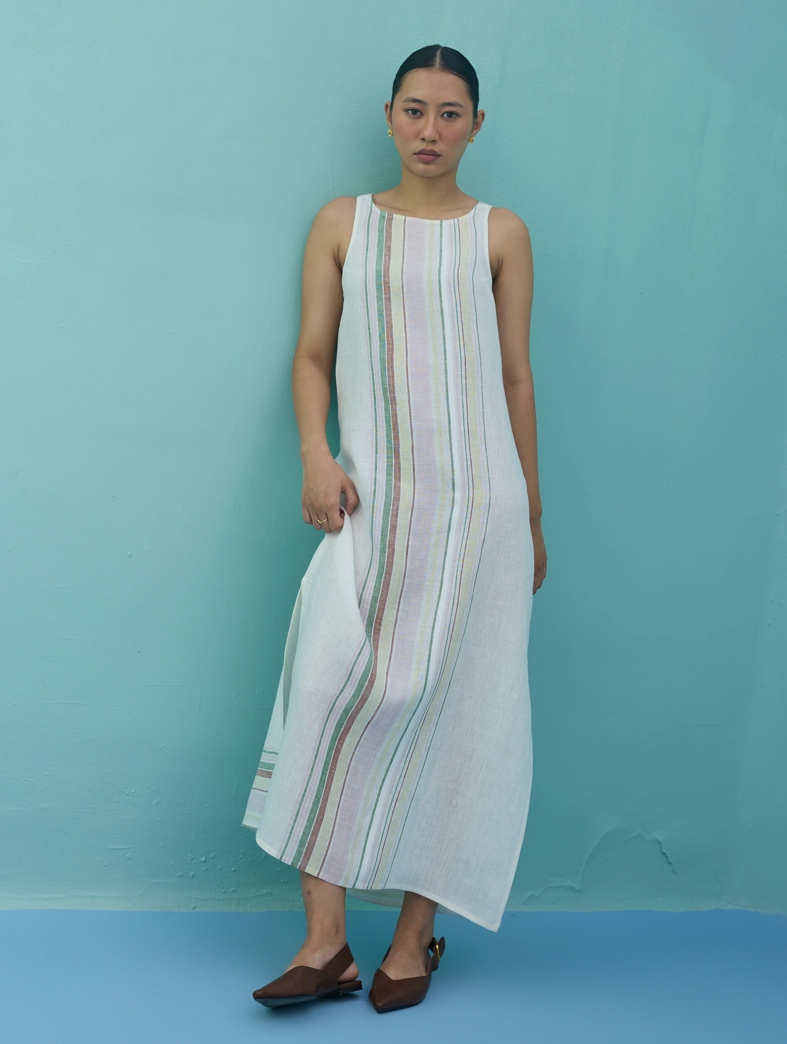 Beli Sleeveless Border Linen Dress with Overlay - Ivory - Image 8