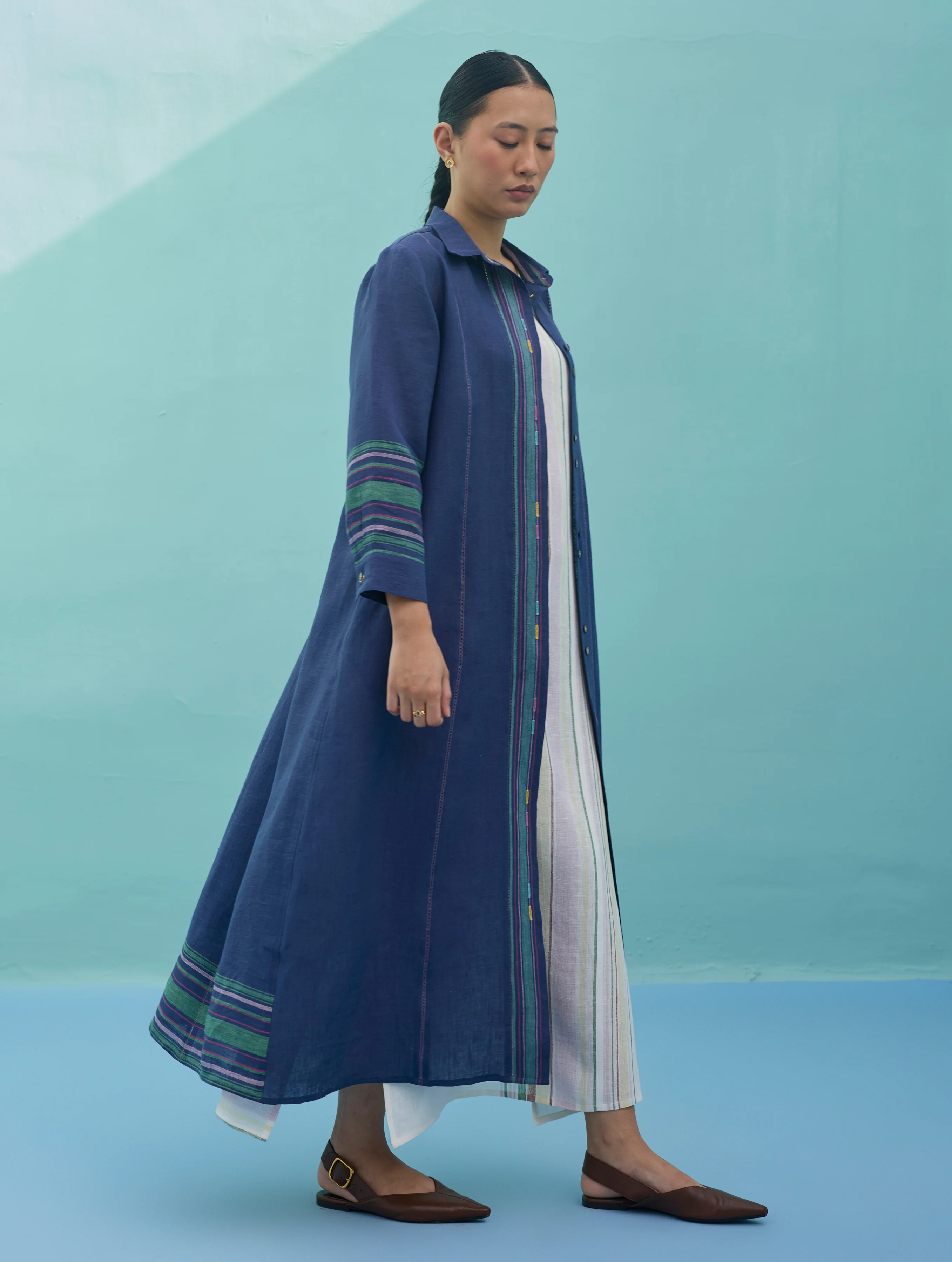 Beli Sleeveless Border Linen Dress with Overlay - Ivory - Image 9