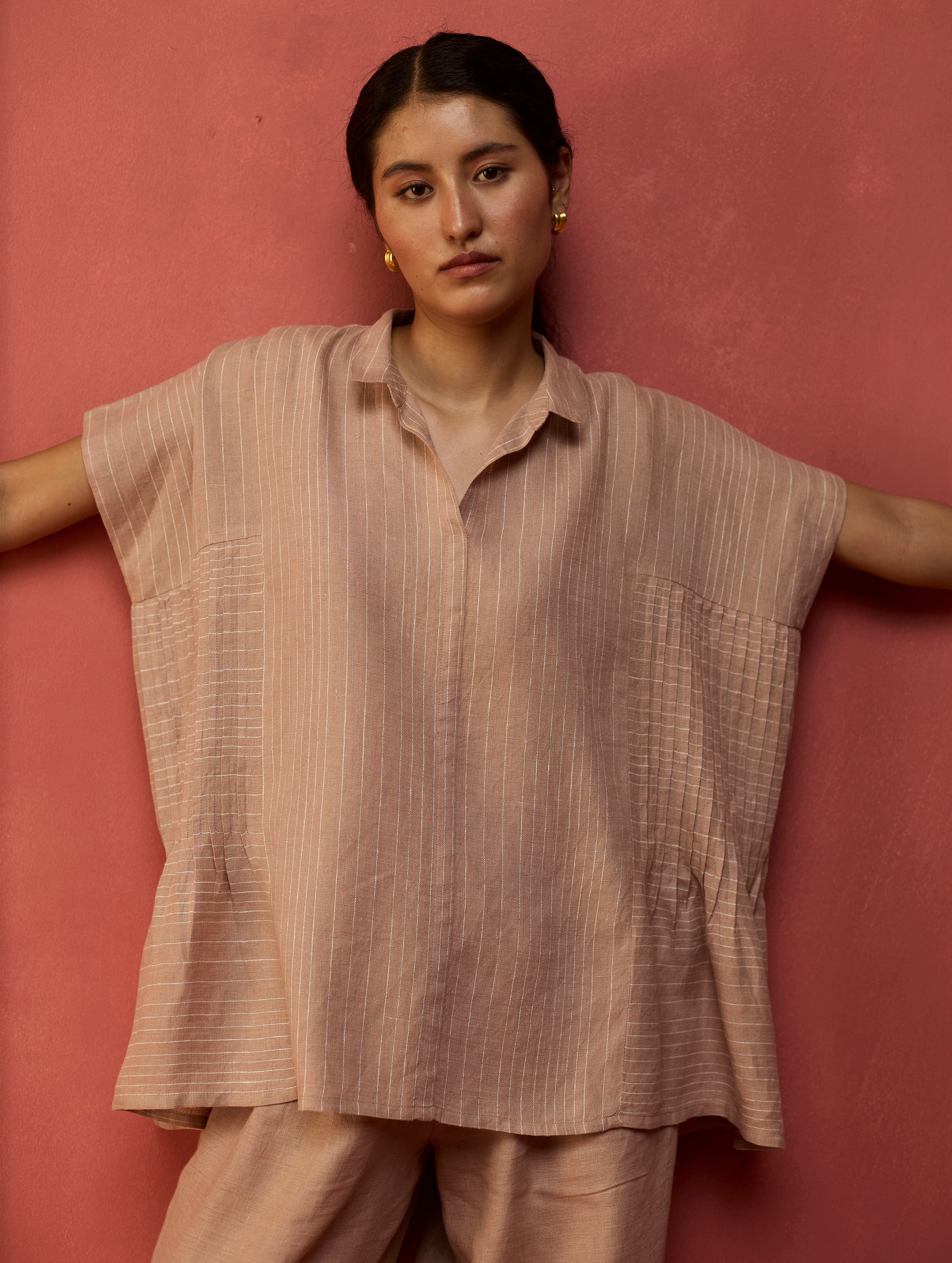 Bonnie Pleated Stripe Linen Top - Dusty Rose