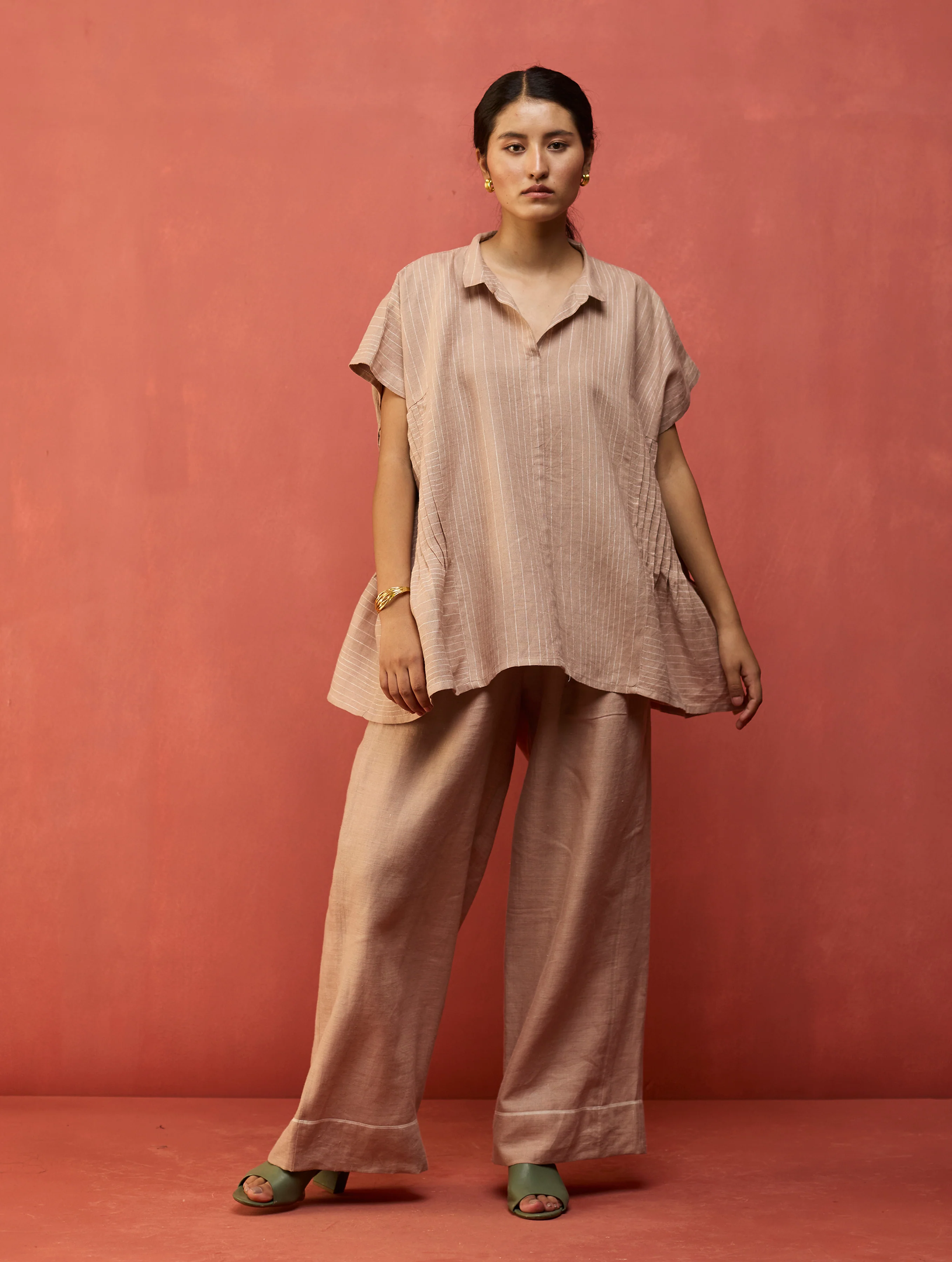 Bonnie Pleated Stripe Linen Top - Dusty Rose - Image 2