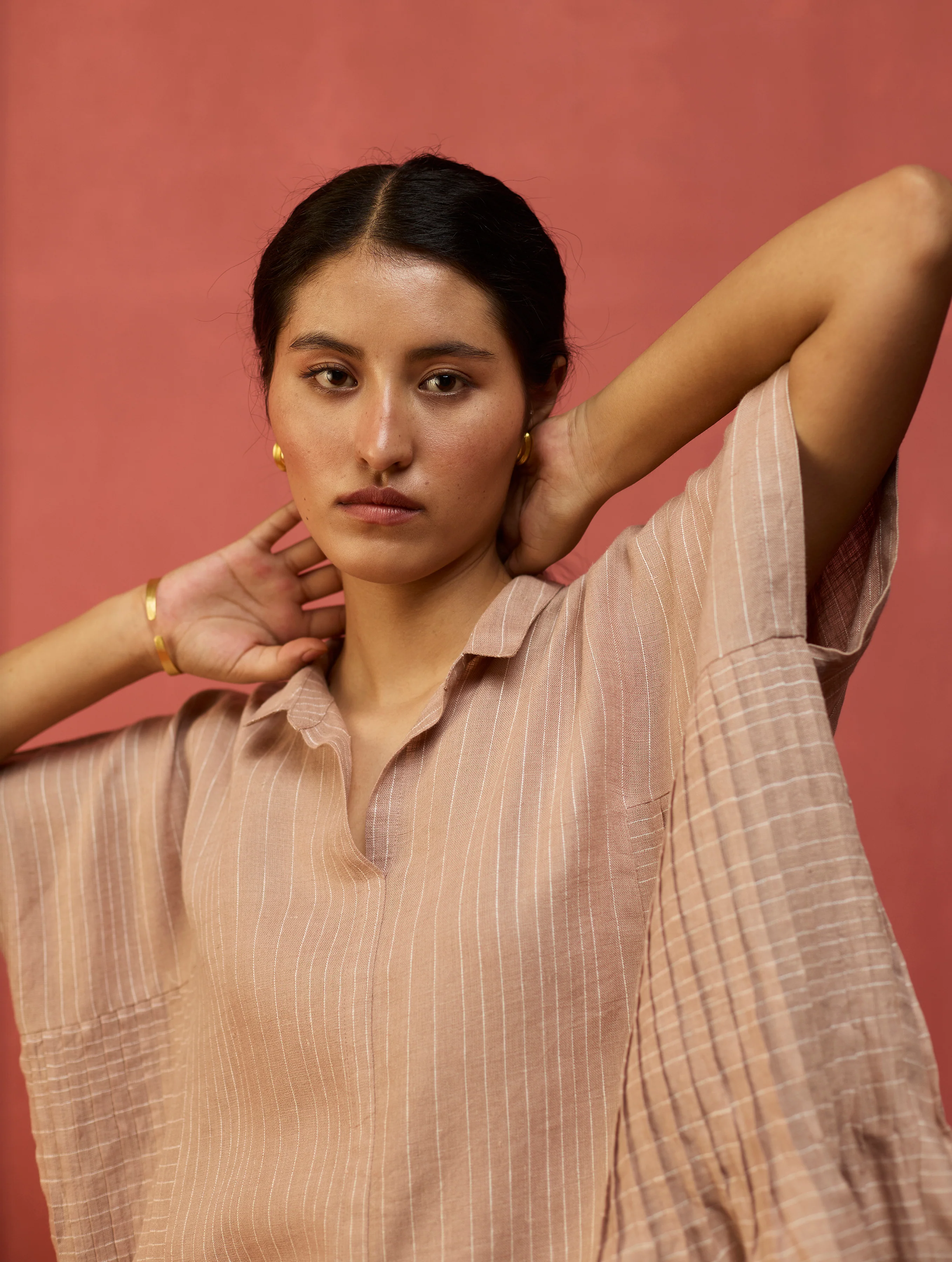 Bonnie Pleated Stripe Linen Top - Dusty Rose - Image 3