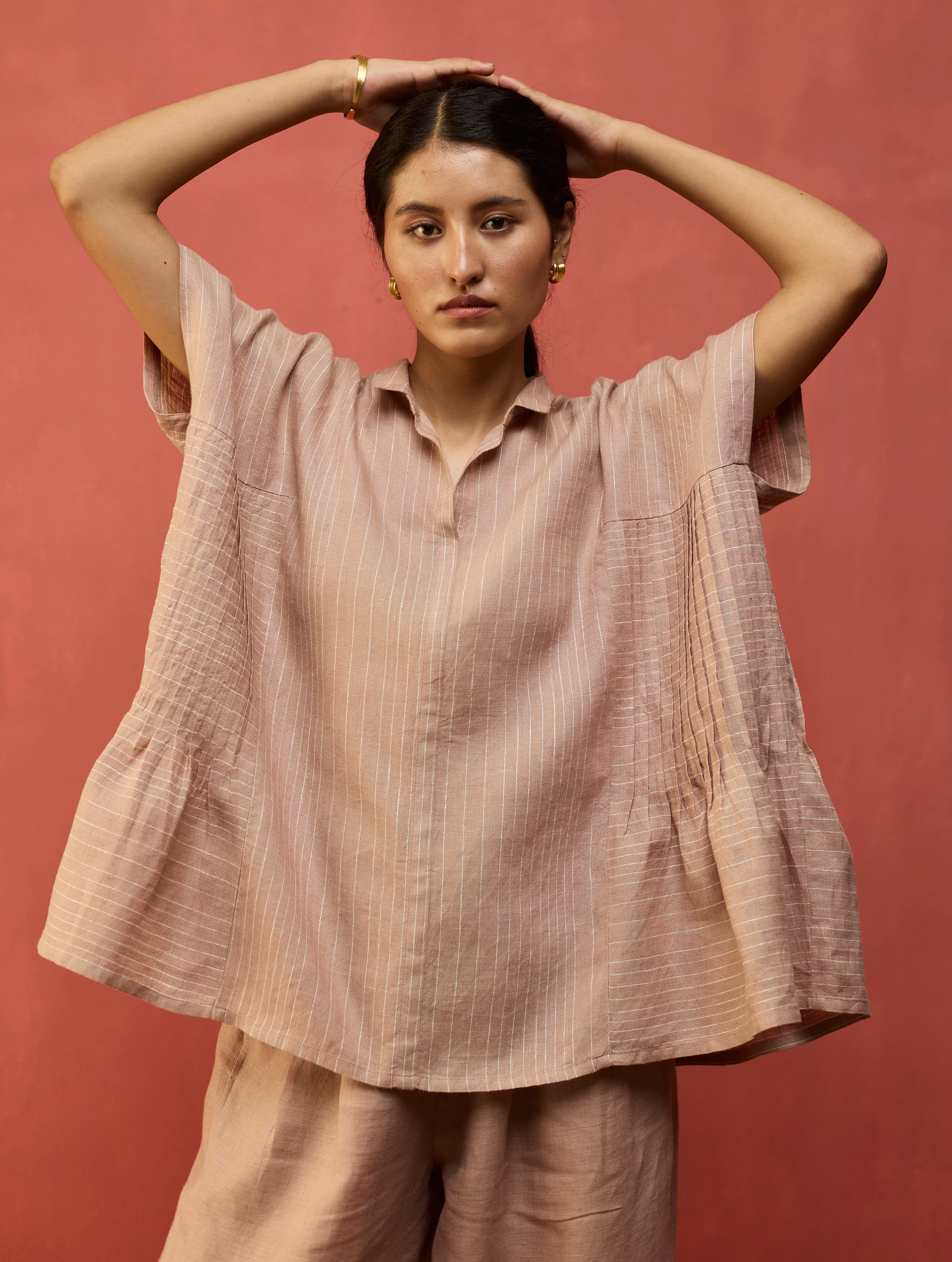 Bonnie Pleated Stripe Linen Top - Dusty Rose - Image 4