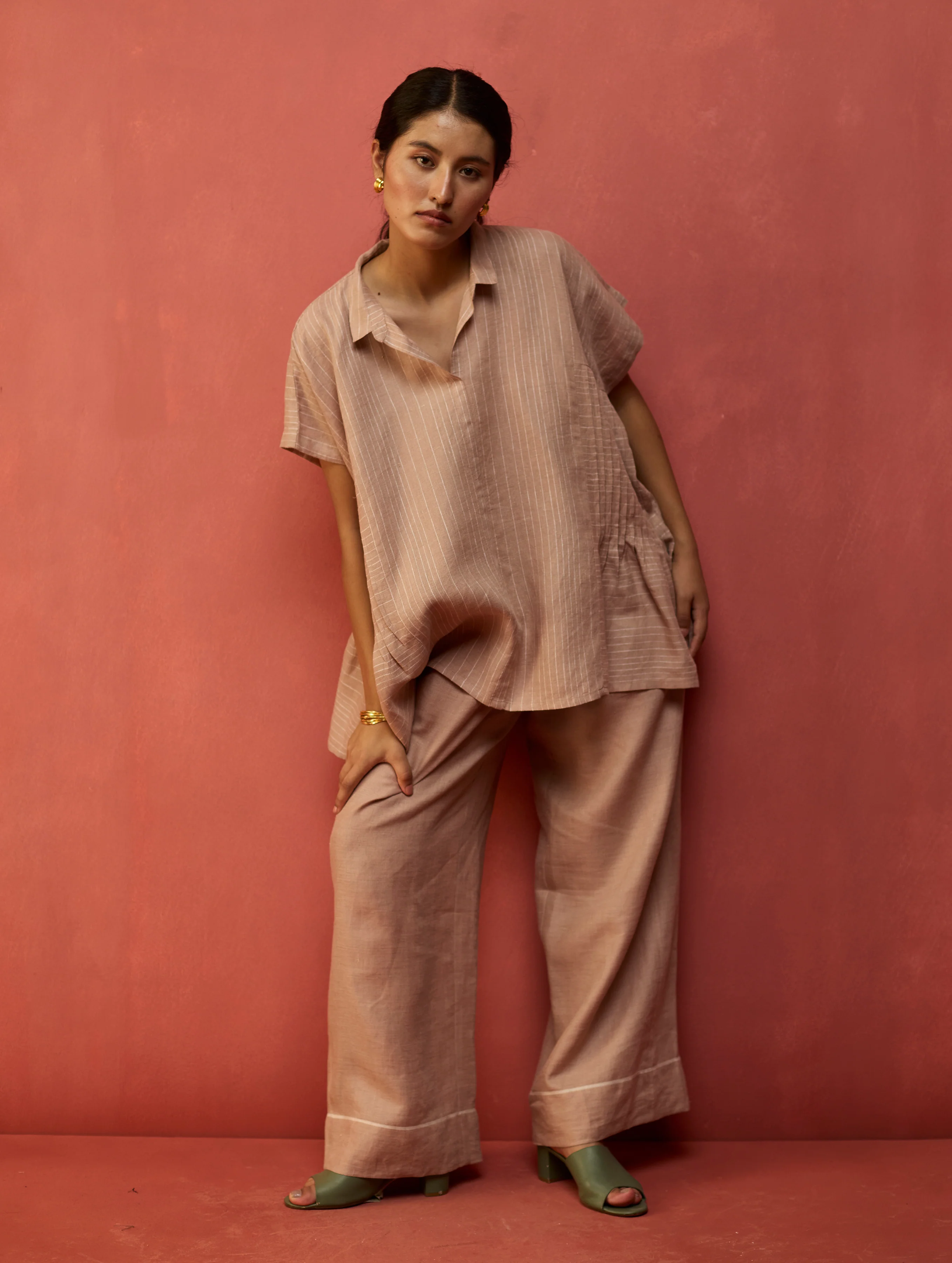 Bonnie Pleated Stripe Linen Top - Dusty Rose - Image 6