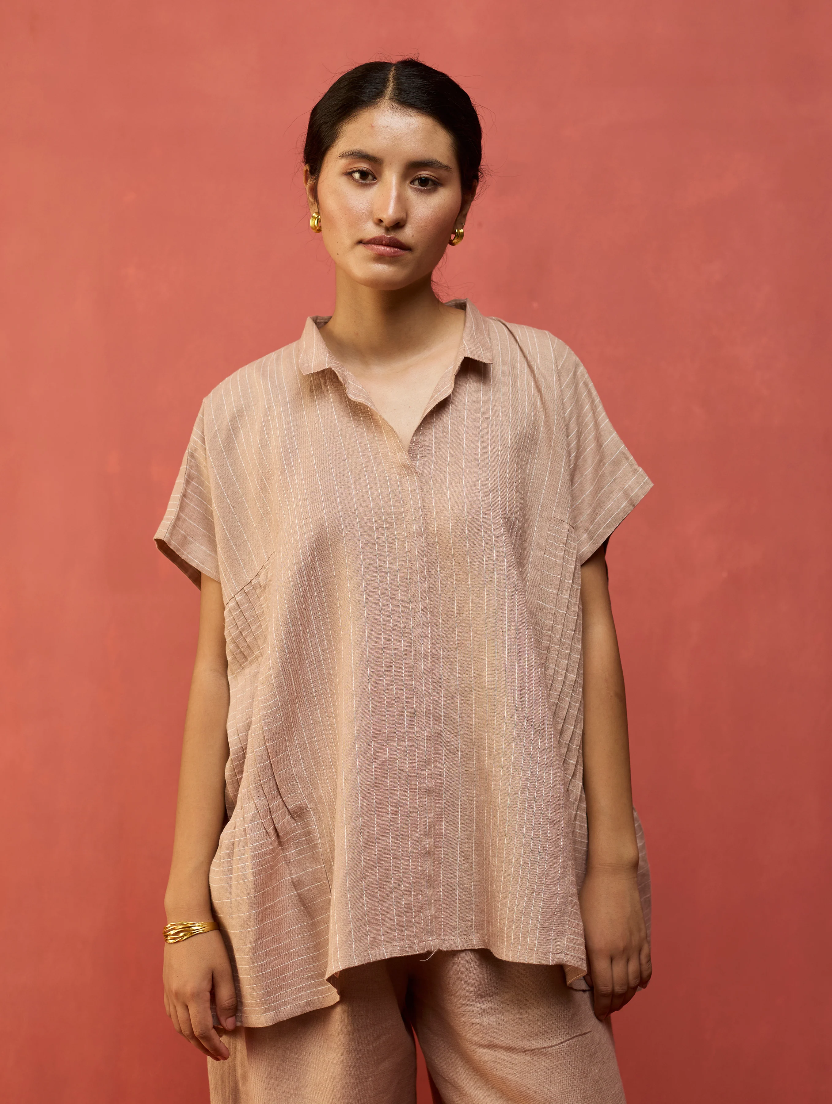 Bonnie Pleated Stripe Linen Top - Dusty Rose - Image 8