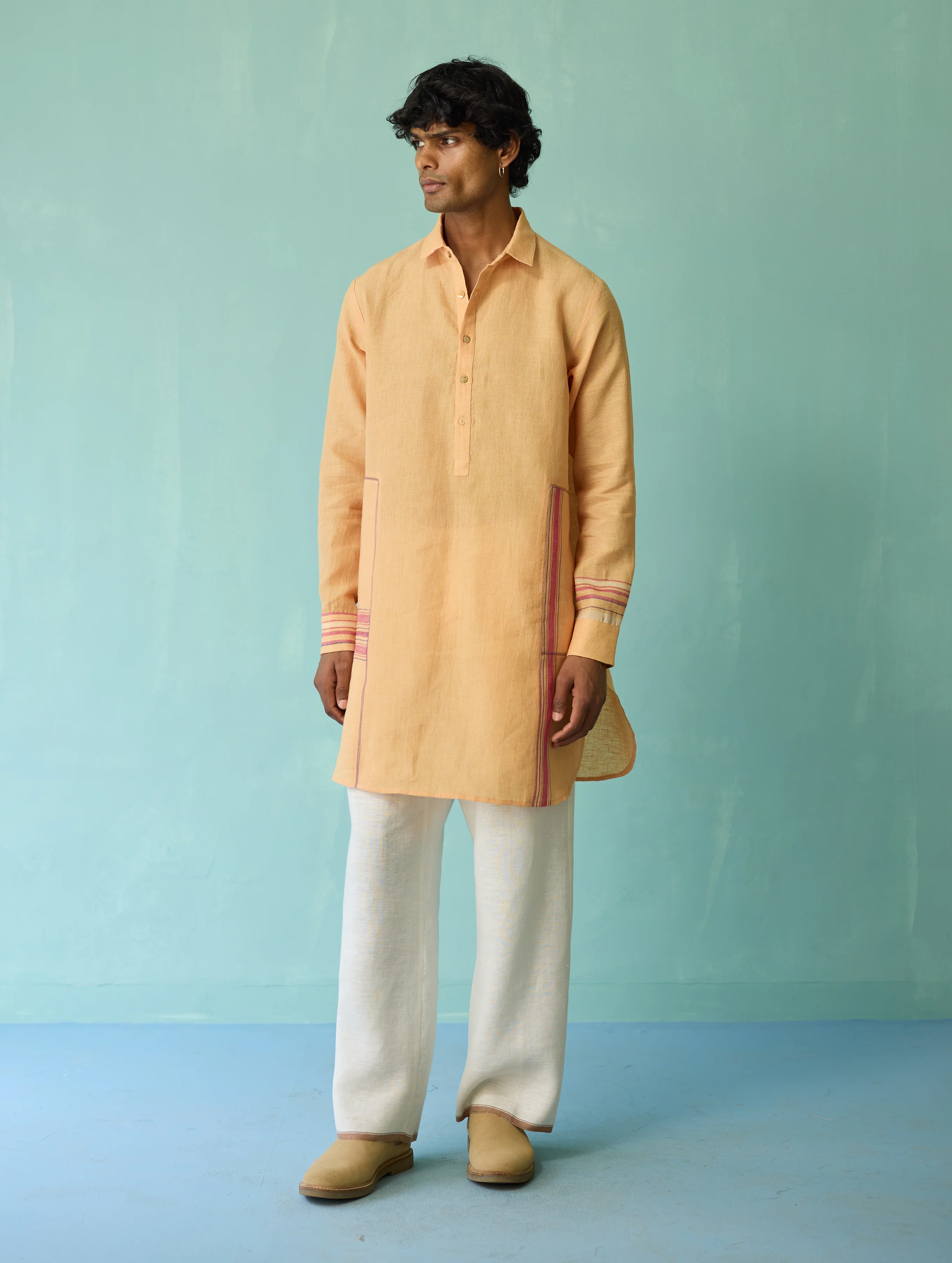Briar Collar Border Linen Kurta - Apricot - Image 3