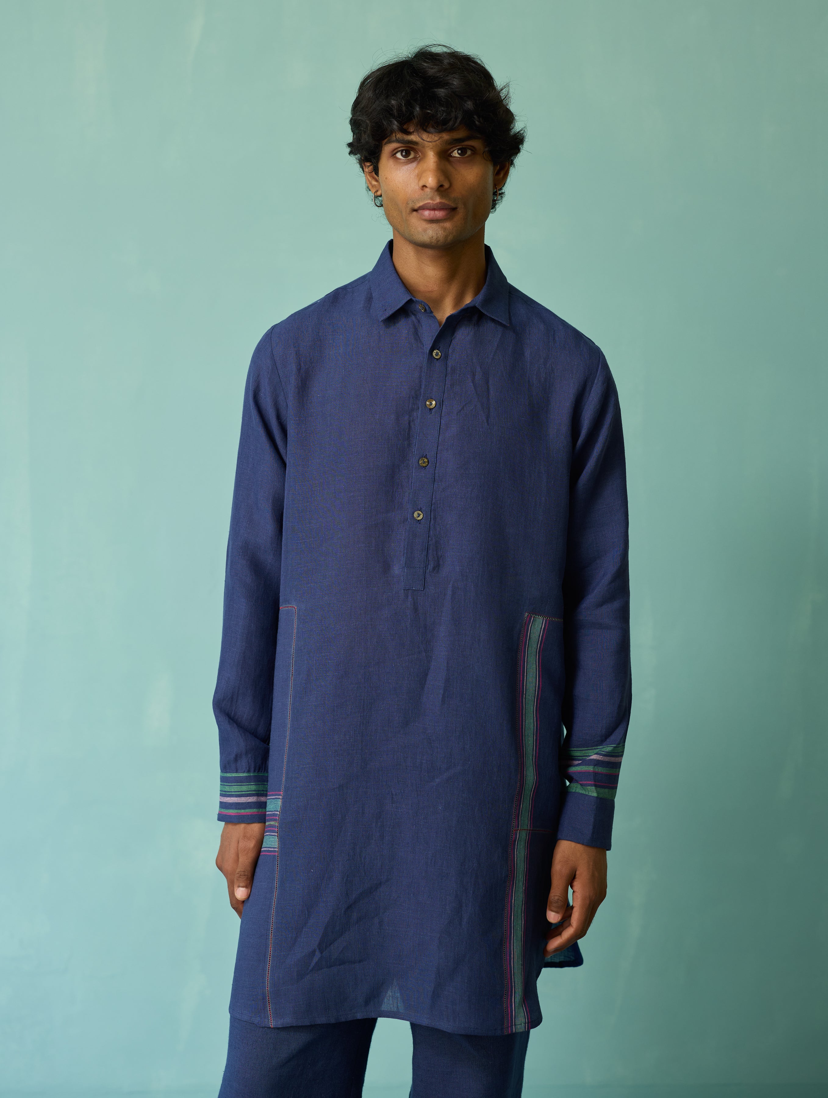 Briar Collar Border Linen Kurta - Indigo - Image 3