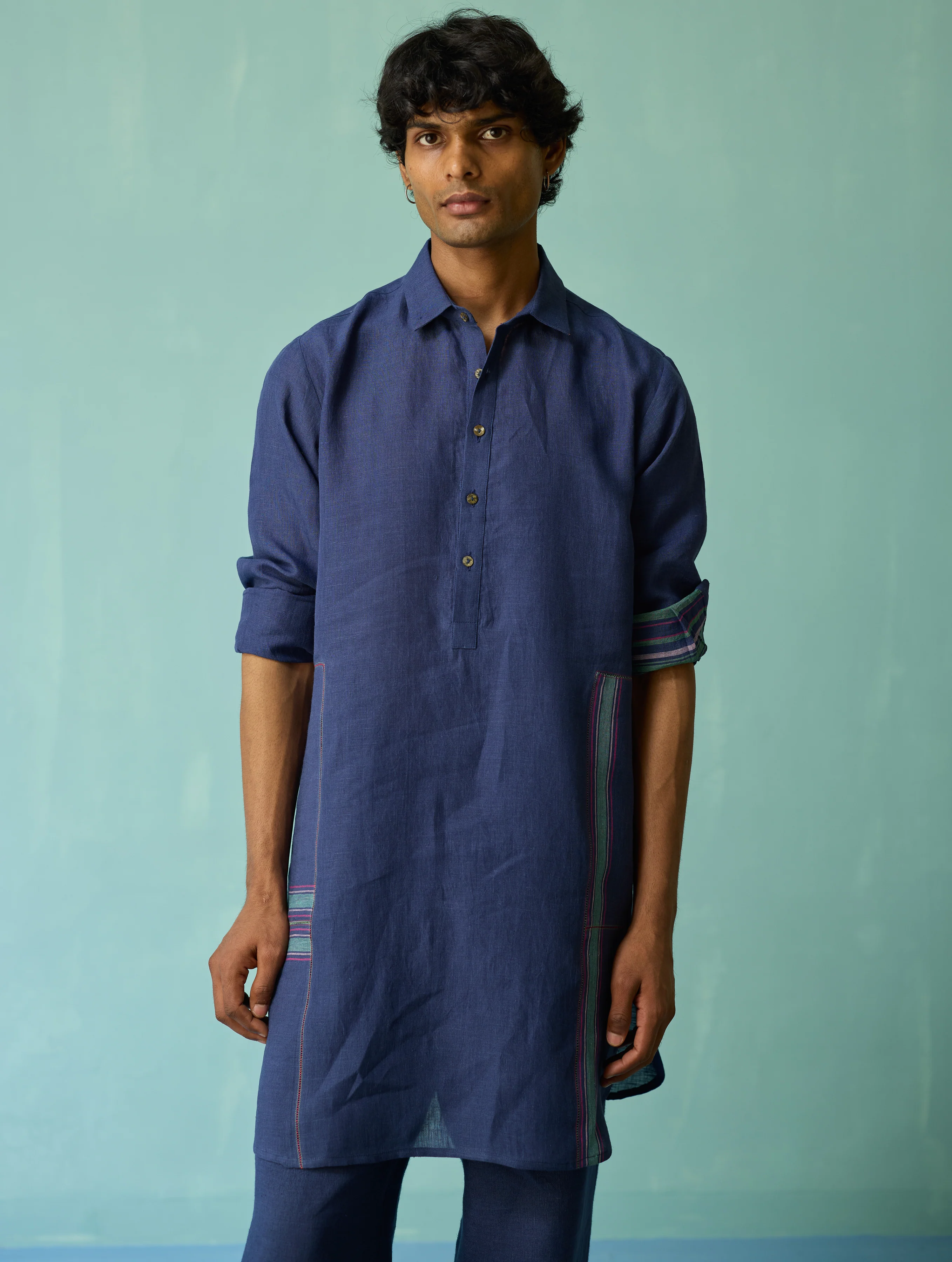 Briar Collar Border Linen Kurta - Indigo - Image 7