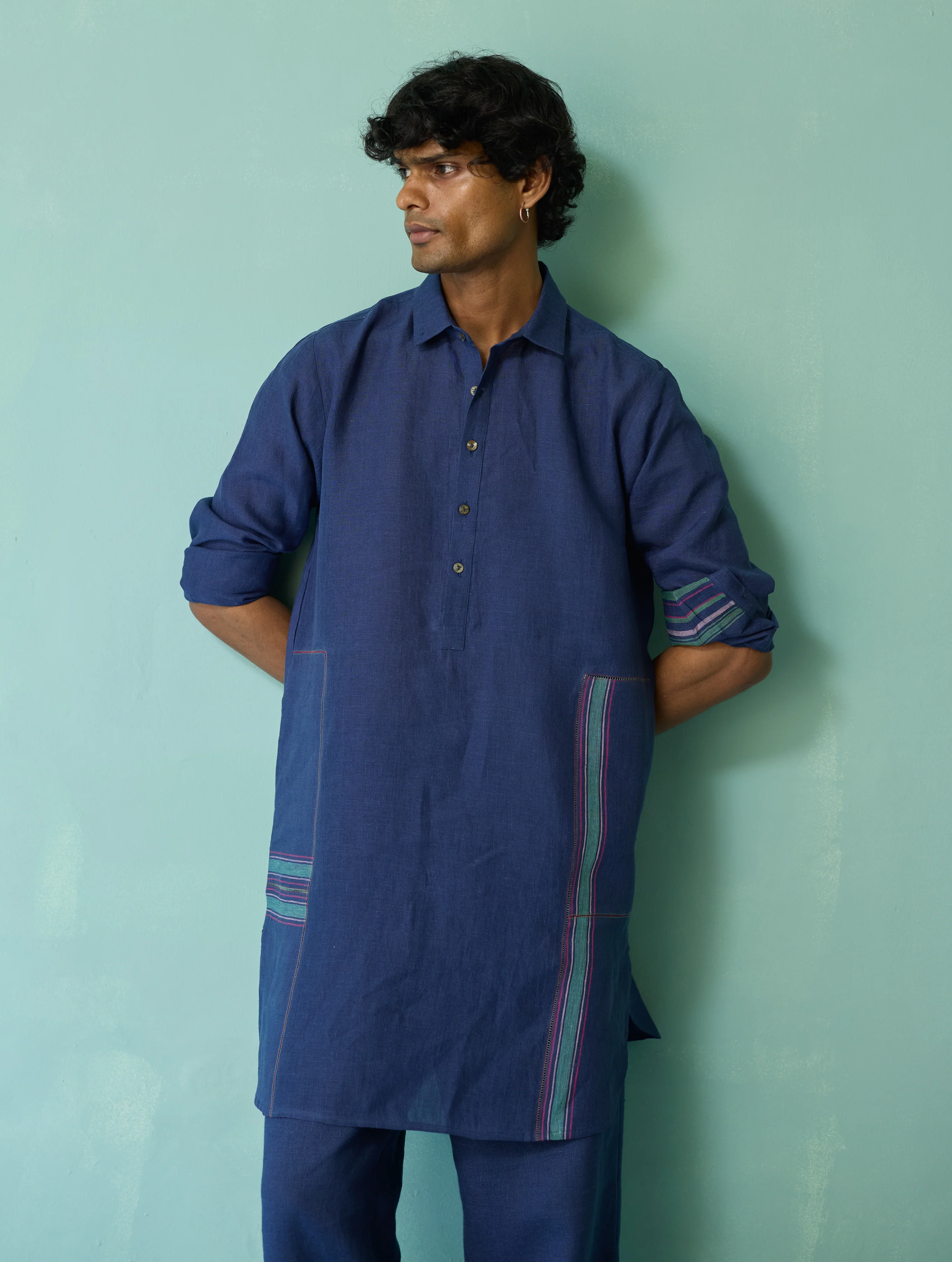 Briar Collar Border Linen Kurta - Indigo - Image 9