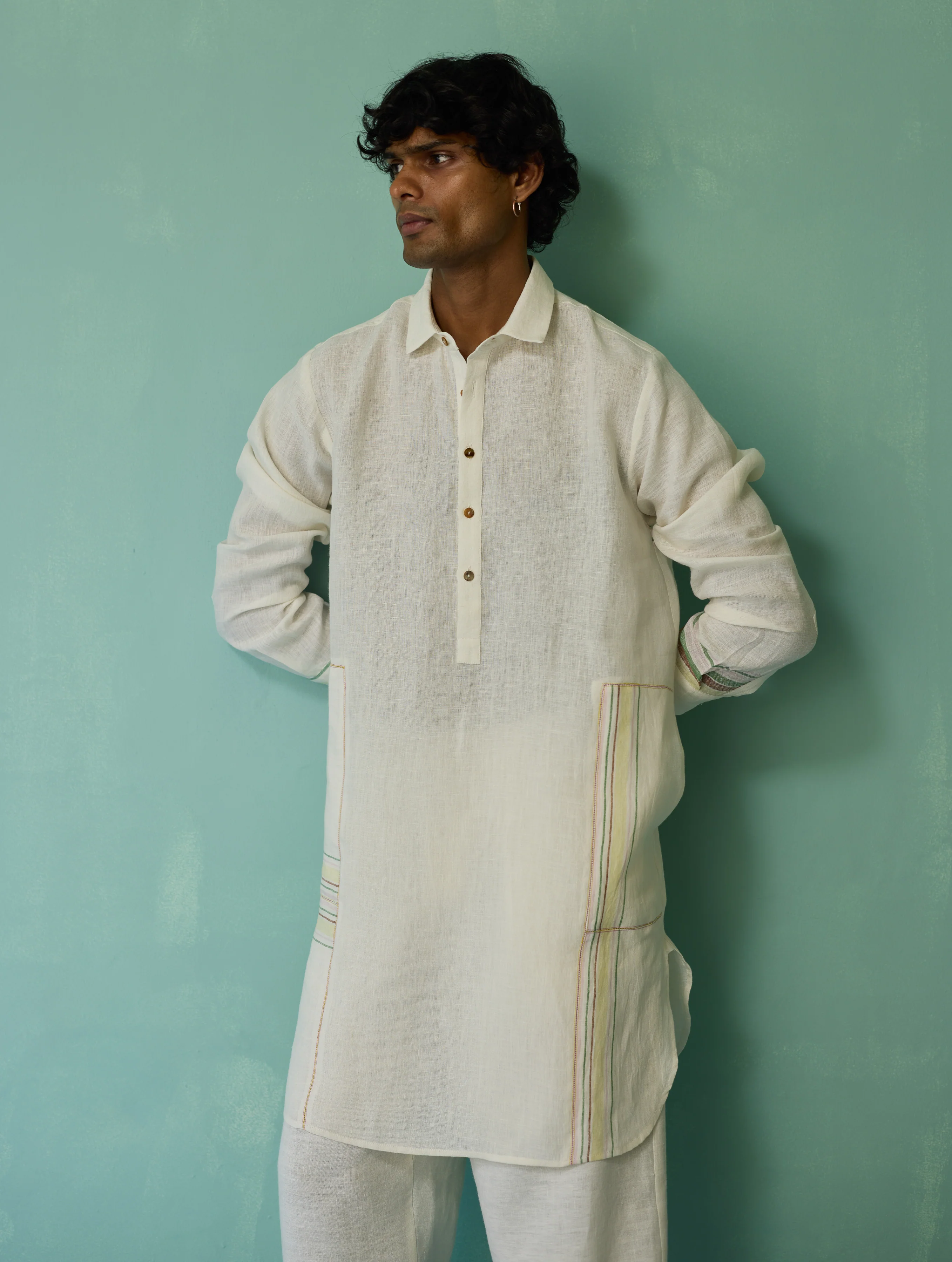 Briar Collar Border Linen Kurta - Ivory