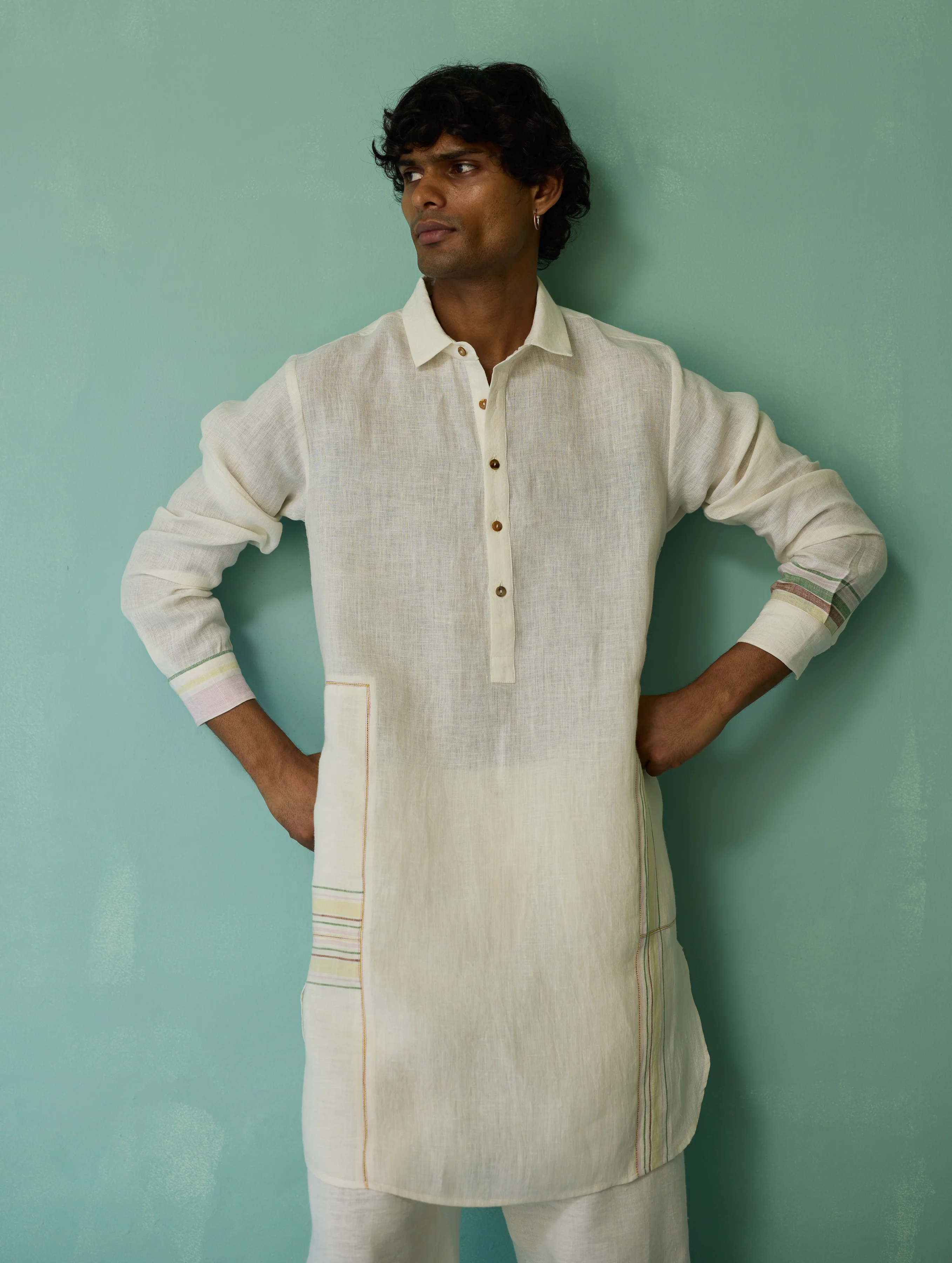 Briar Collar Border Linen Kurta - Ivory - Image 4