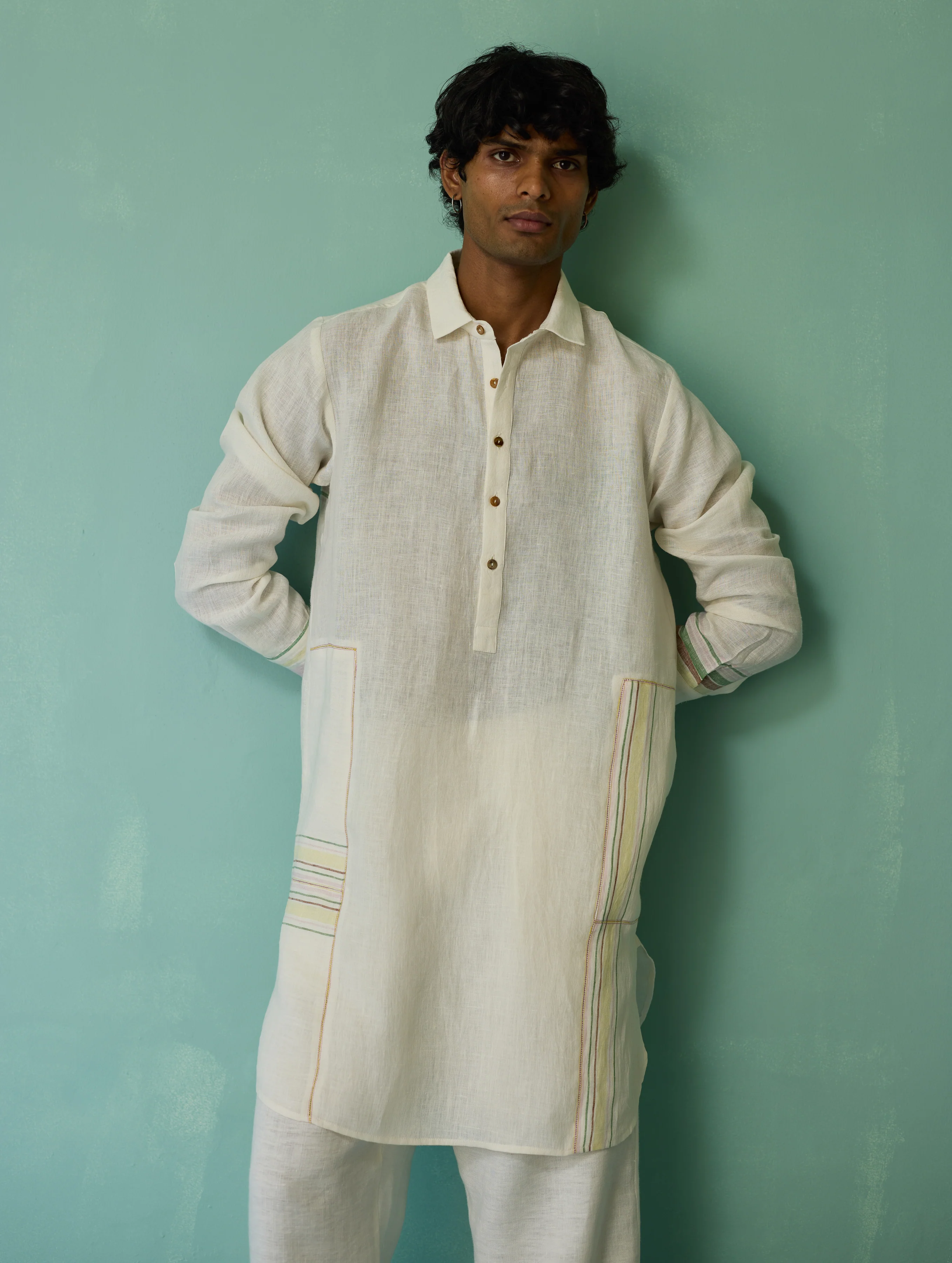 Briar Collar Border Linen Kurta - Ivory - Image 7