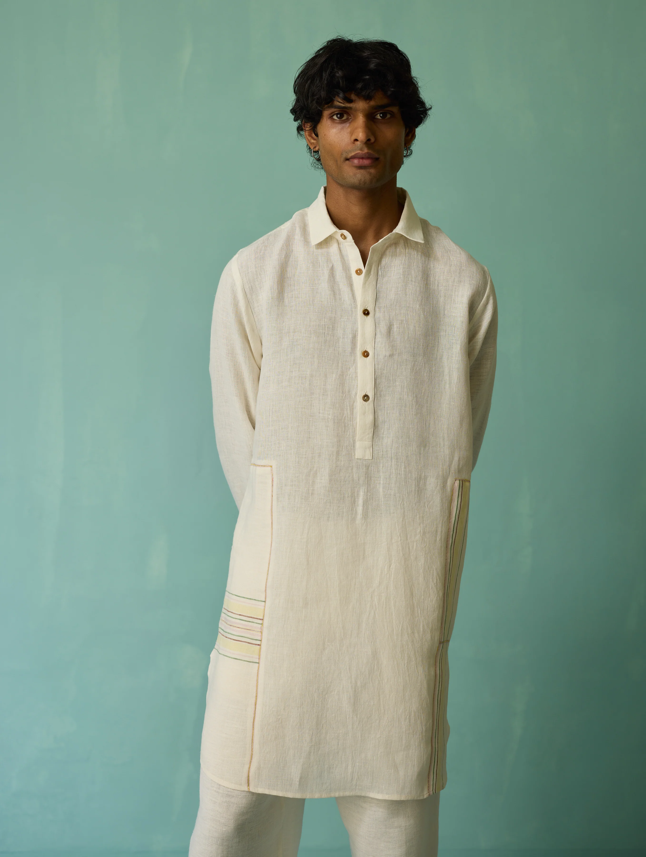 Briar Collar Border Linen Kurta - Ivory - Image 9