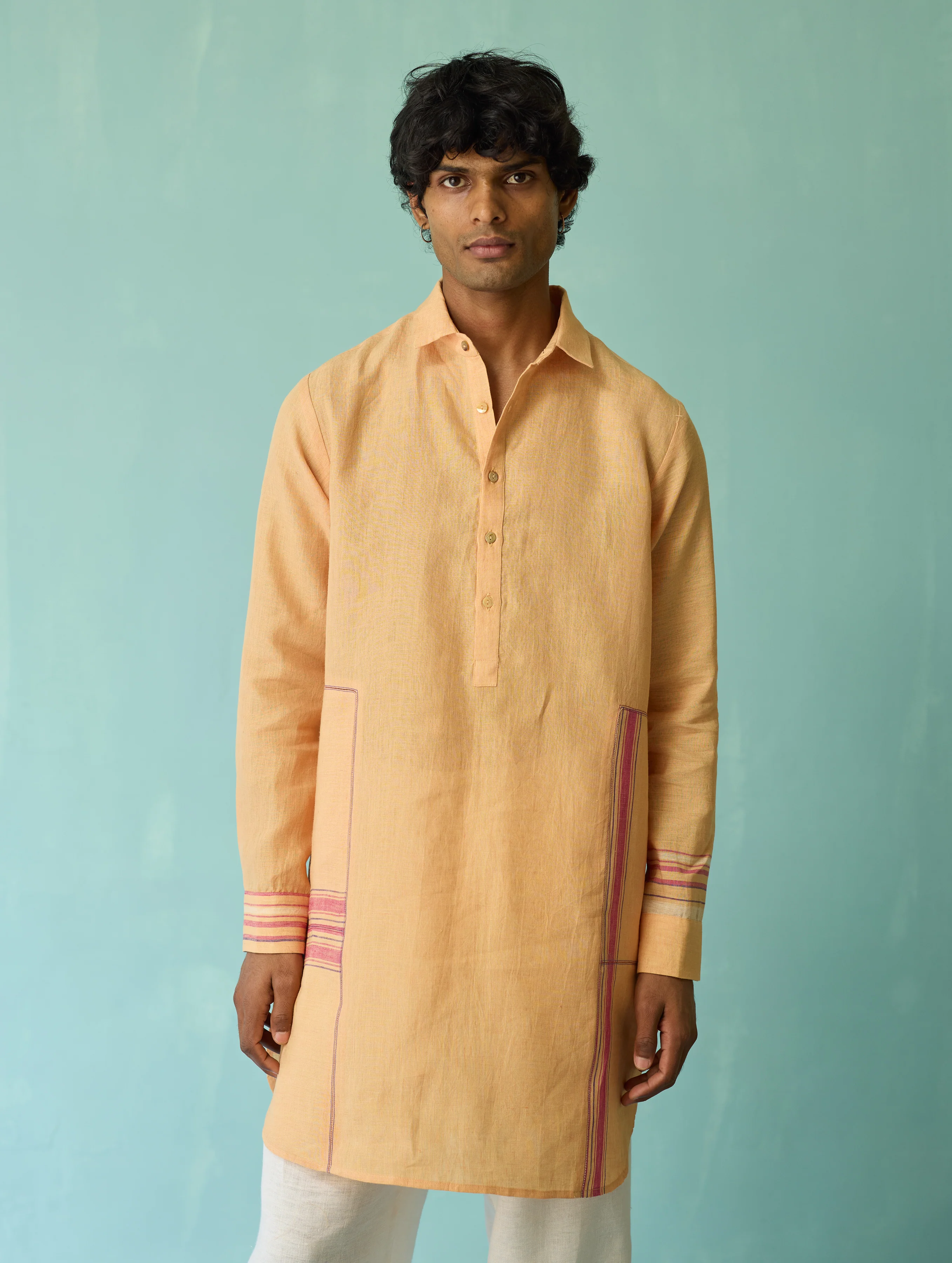 Briar Collared Border Linen Kurta Set - Apricot - Image 2