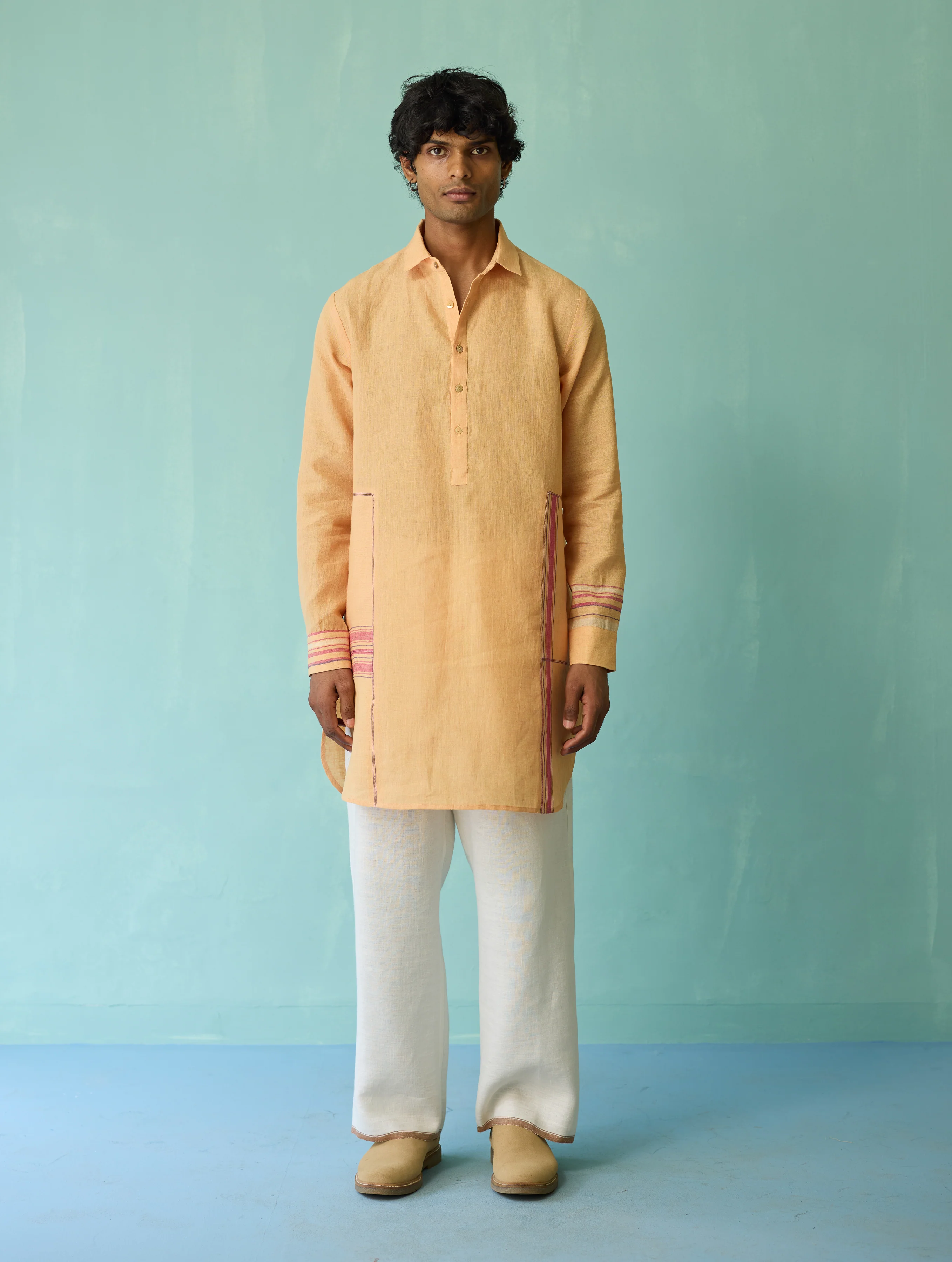 Briar Collared Border Linen Kurta Set - Apricot - Image 3