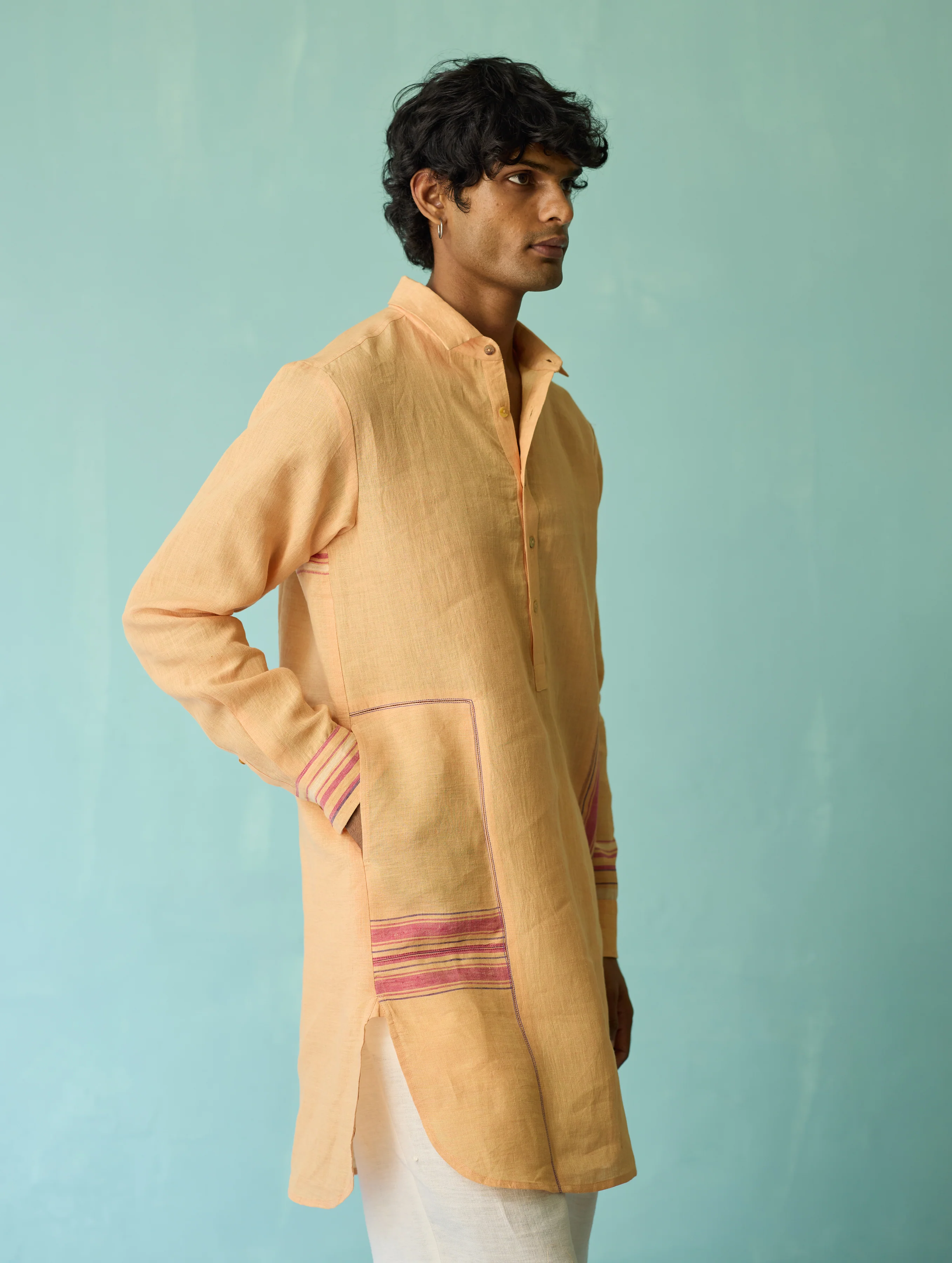 Briar Collared Border Linen Kurta Set - Apricot - Image 4