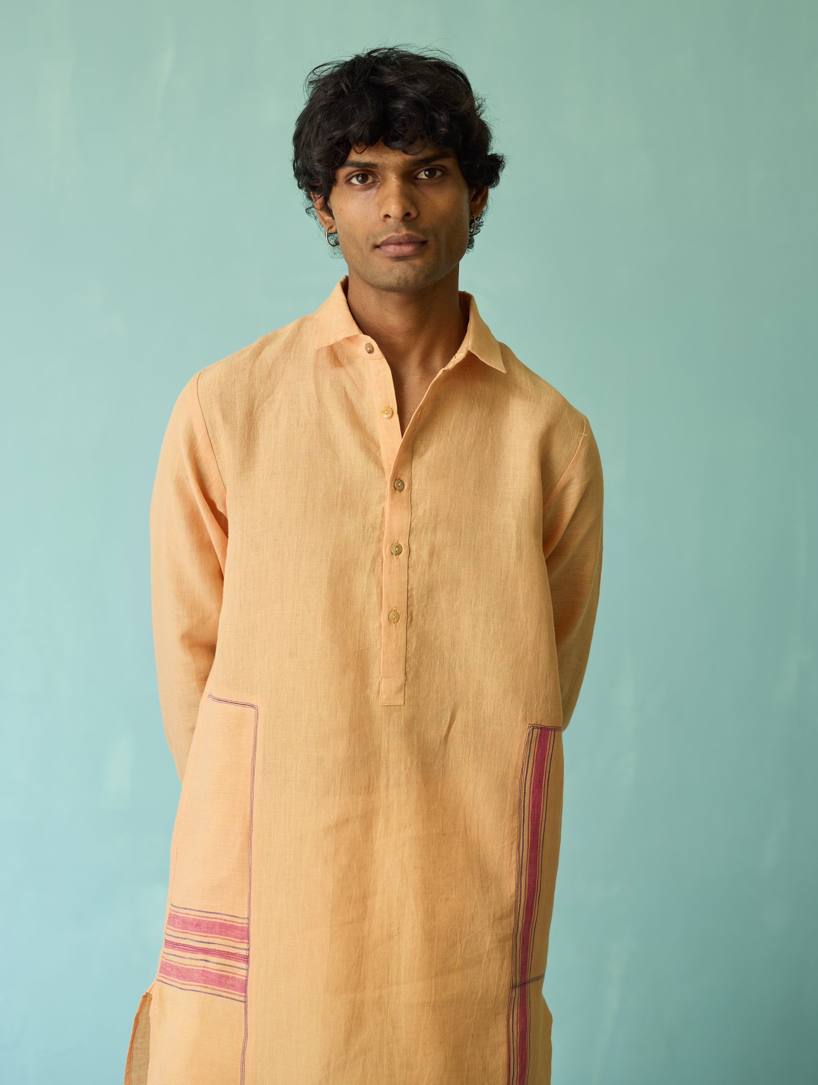 Briar Collared Border Linen Kurta Set - Apricot - Image 5