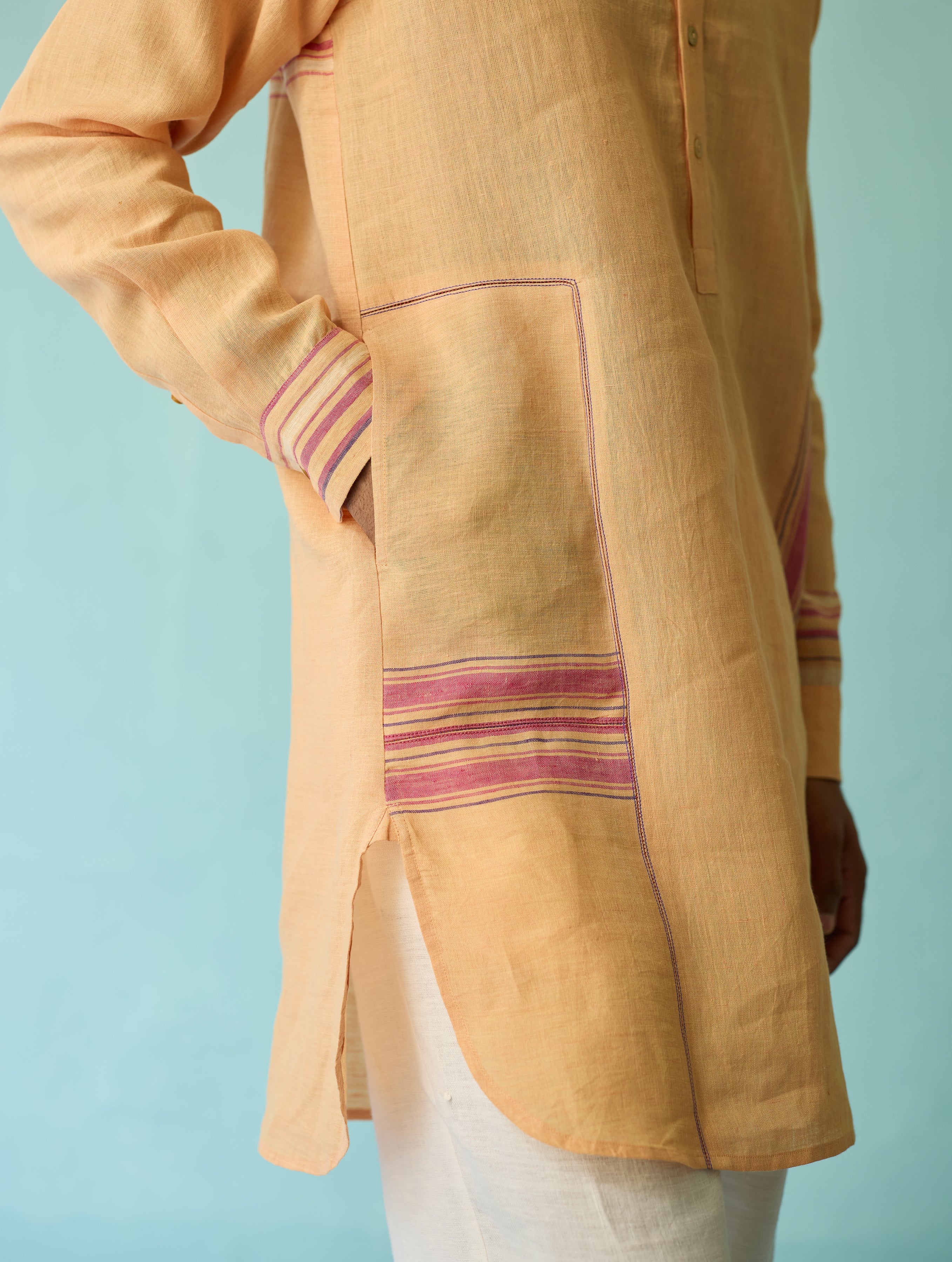 Briar Collared Border Linen Kurta Set - Apricot - Image 6