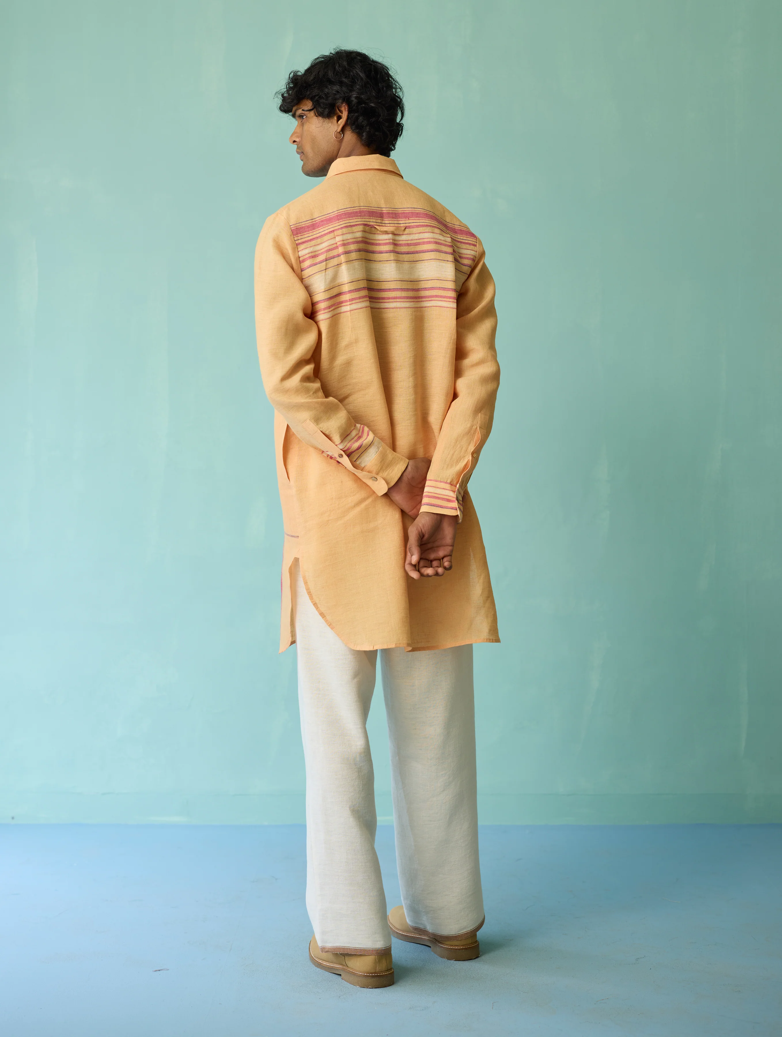 Briar Collared Border Linen Kurta Set - Apricot - Image 7