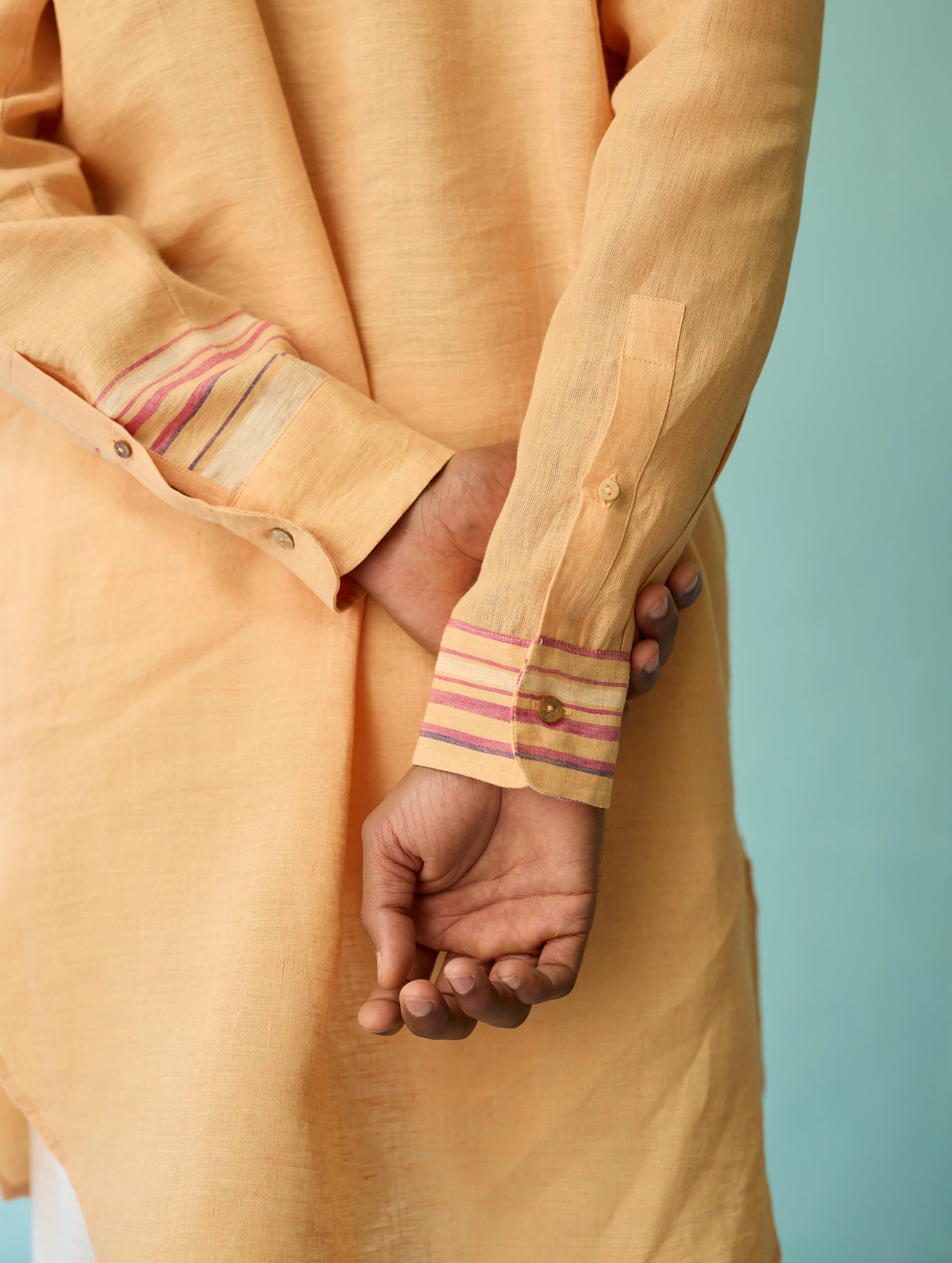 Briar Collared Border Linen Kurta Set - Apricot - Image 8