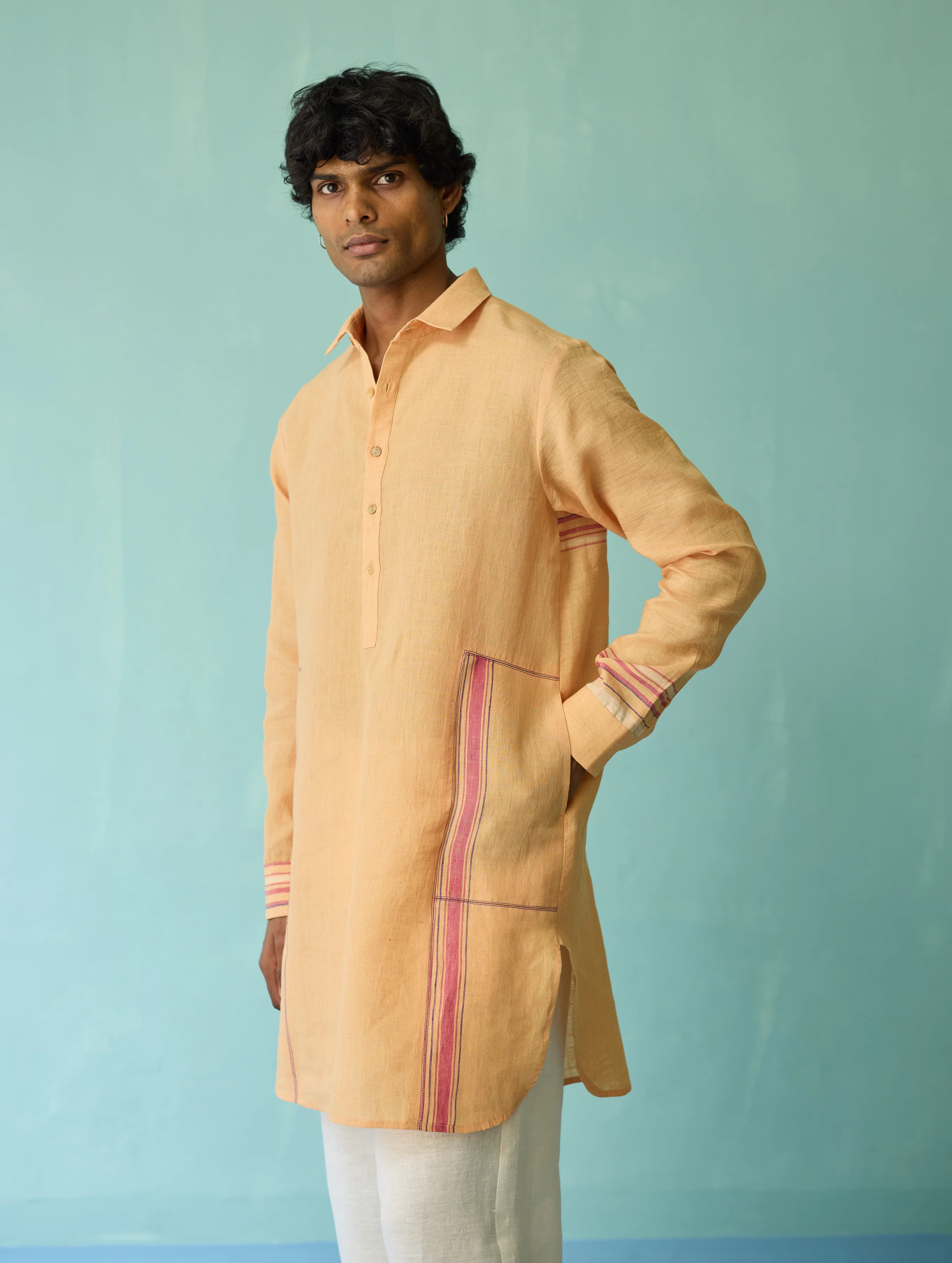 Briar Collared Border Linen Kurta Set - Apricot - Image 9