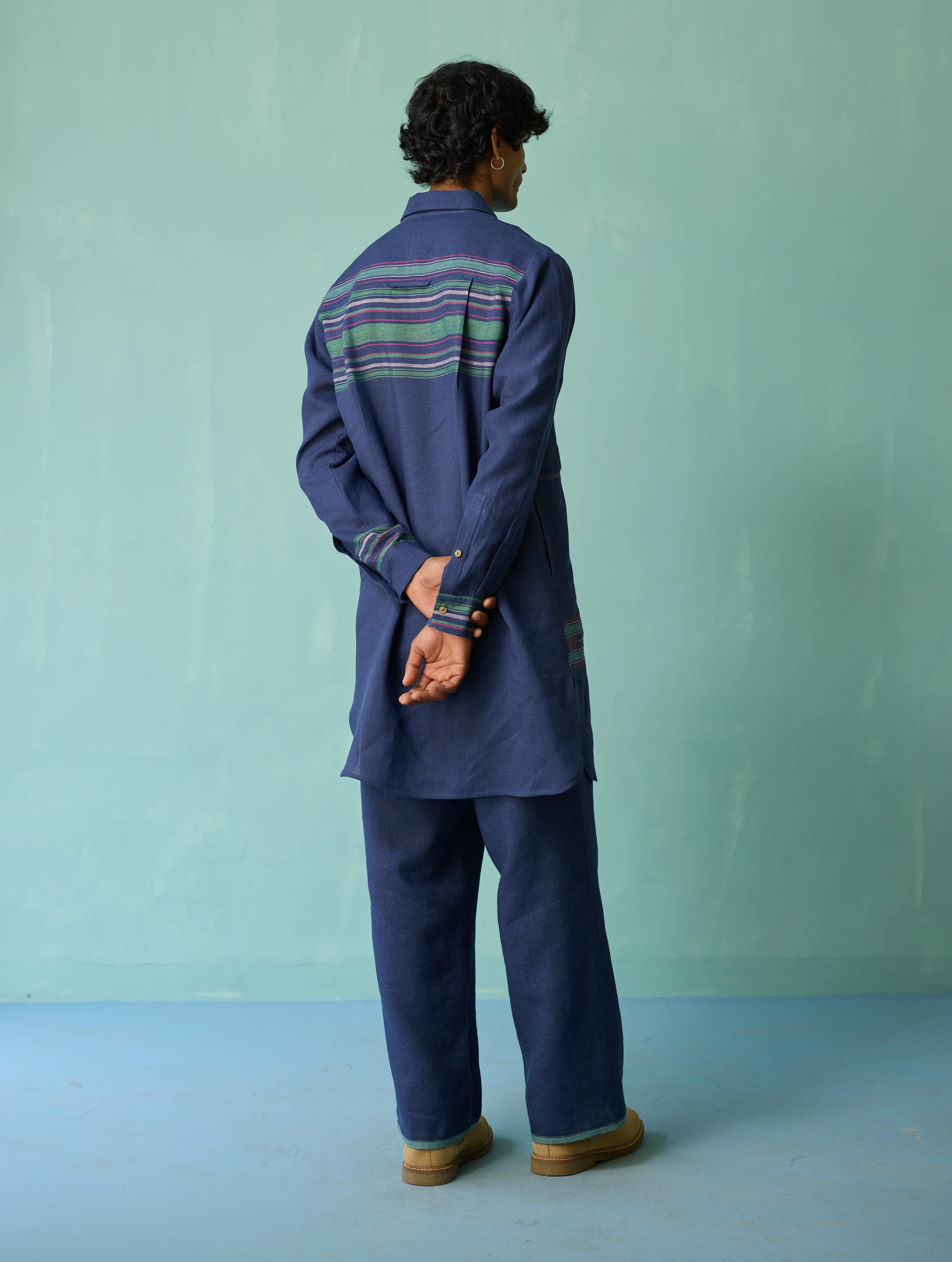 Briar Collared Border Linen Kurta Set - Indigo - Image 8