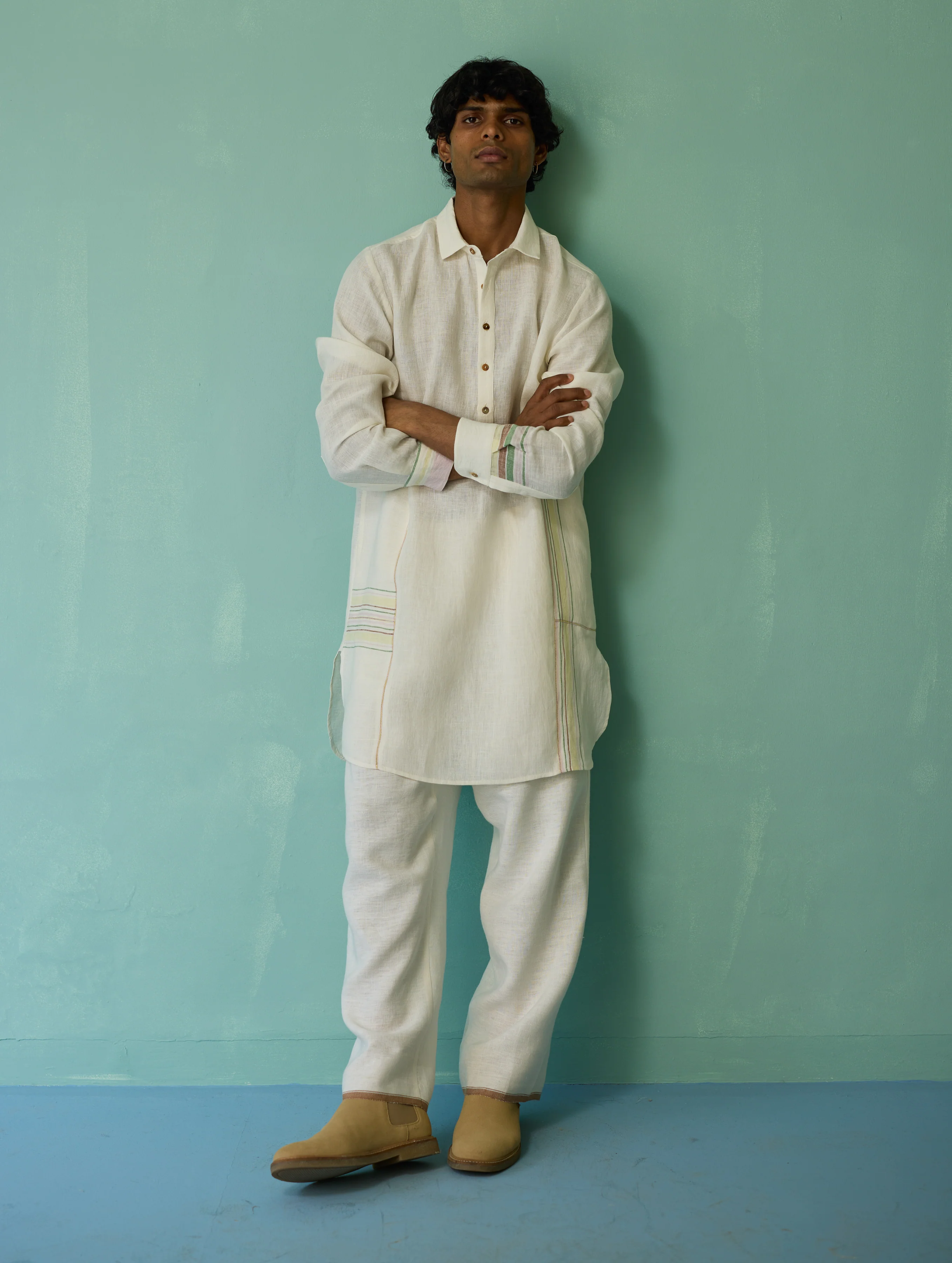 Briar Collared Border Linen Kurta Set - Ivory