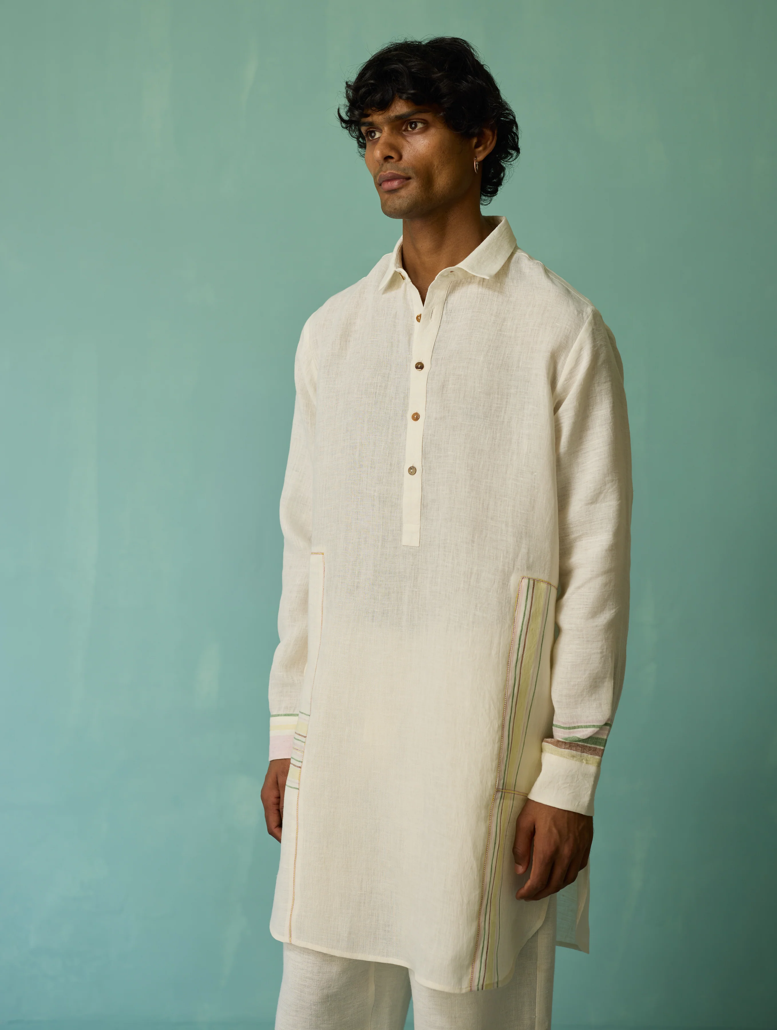 Briar Collared Border Linen Kurta Set - Ivory - Image 13