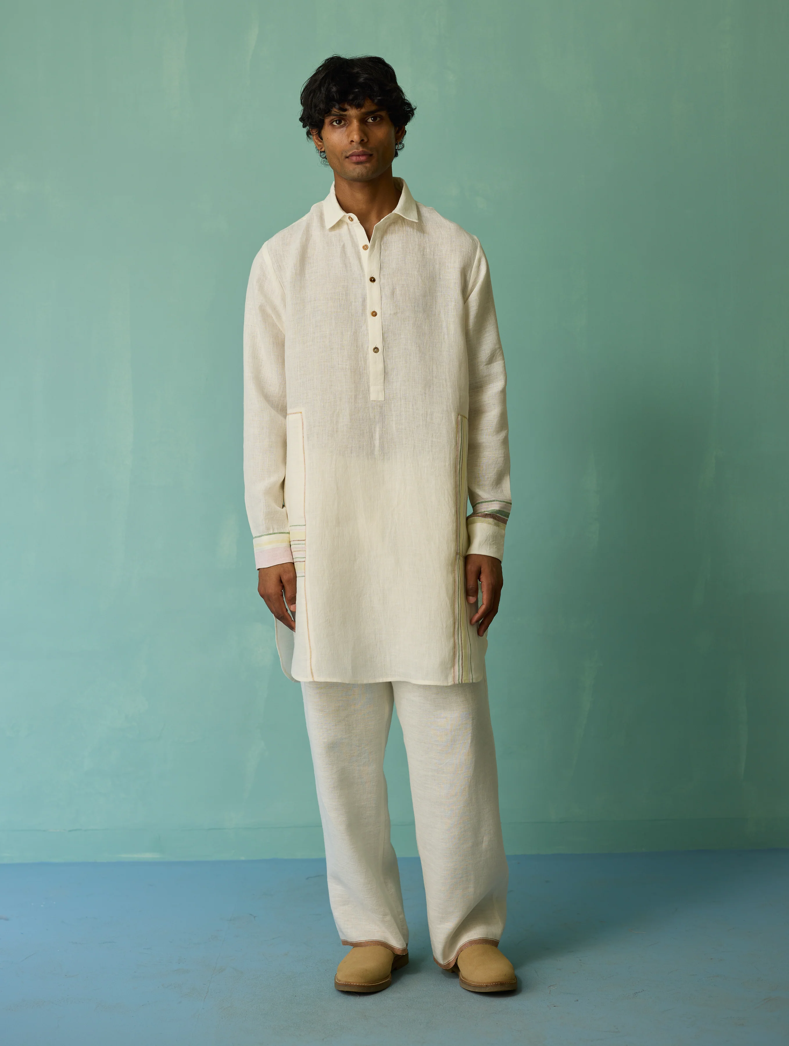 Briar Collared Border Linen Kurta Set - Ivory - Image 3