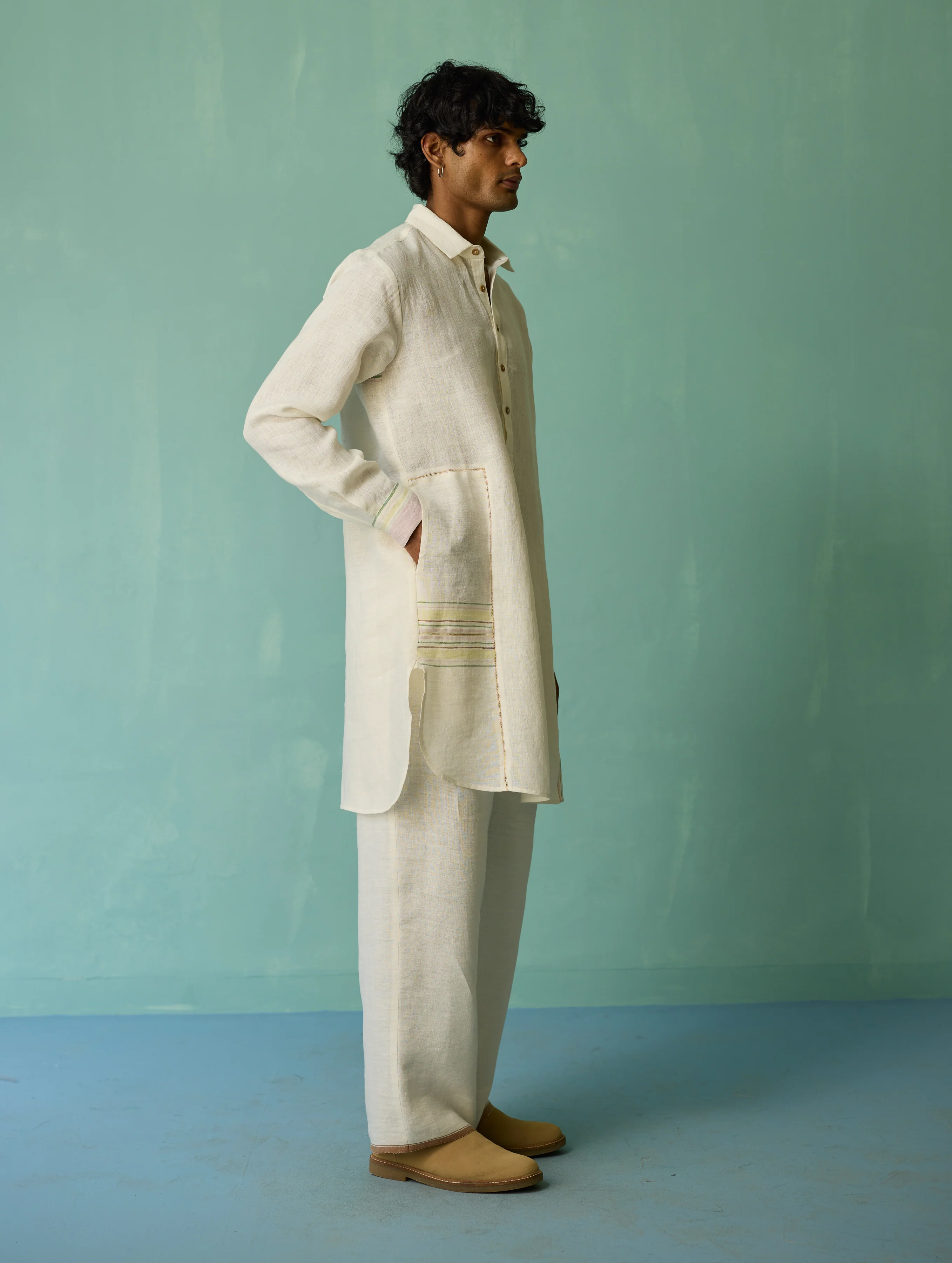 Briar Collared Border Linen Kurta Set - Ivory - Image 5
