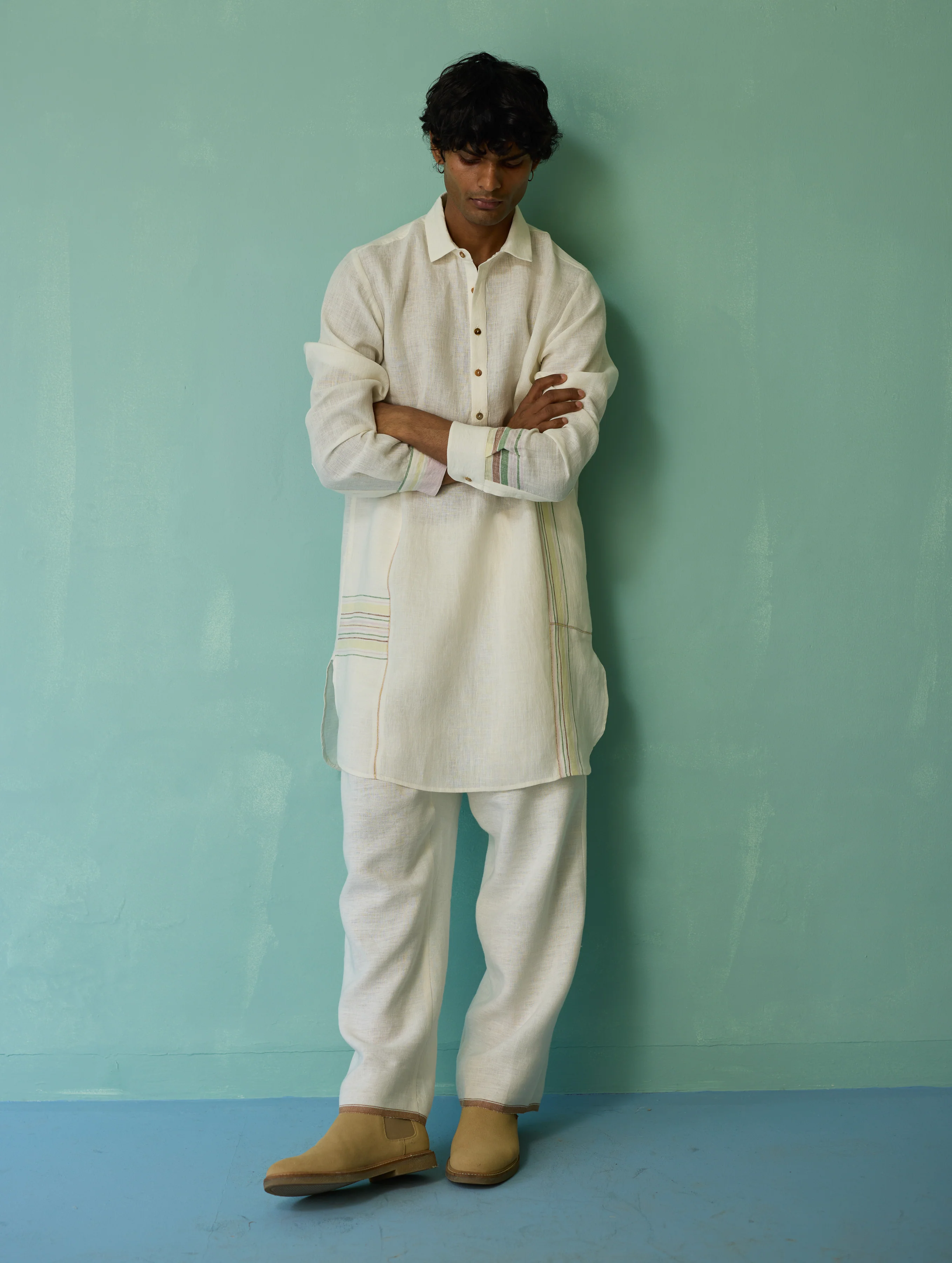 Briar Collared Border Linen Kurta Set - Ivory - Image 7