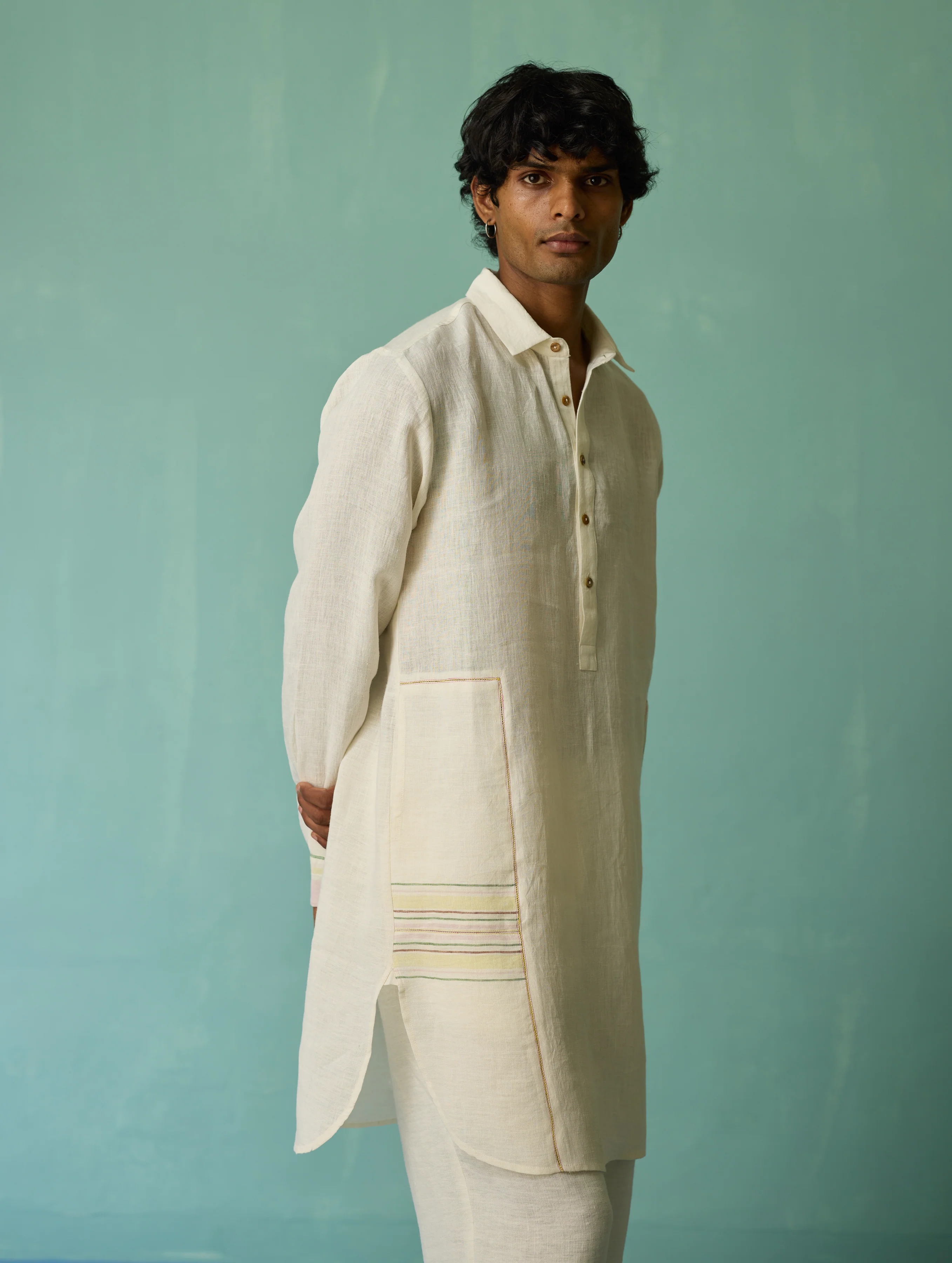 Briar Collared Border Linen Kurta Set - Ivory - Image 9
