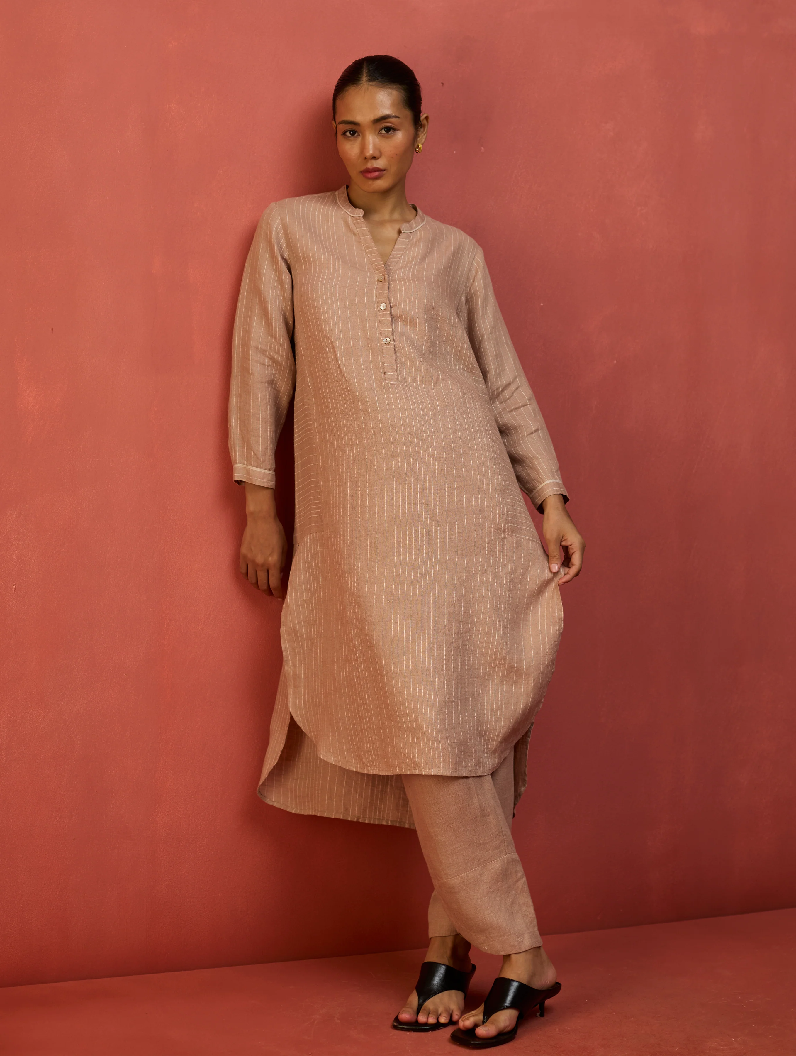 Bunka Stripe Linen Kurta - Dusty Rose - Image 3
