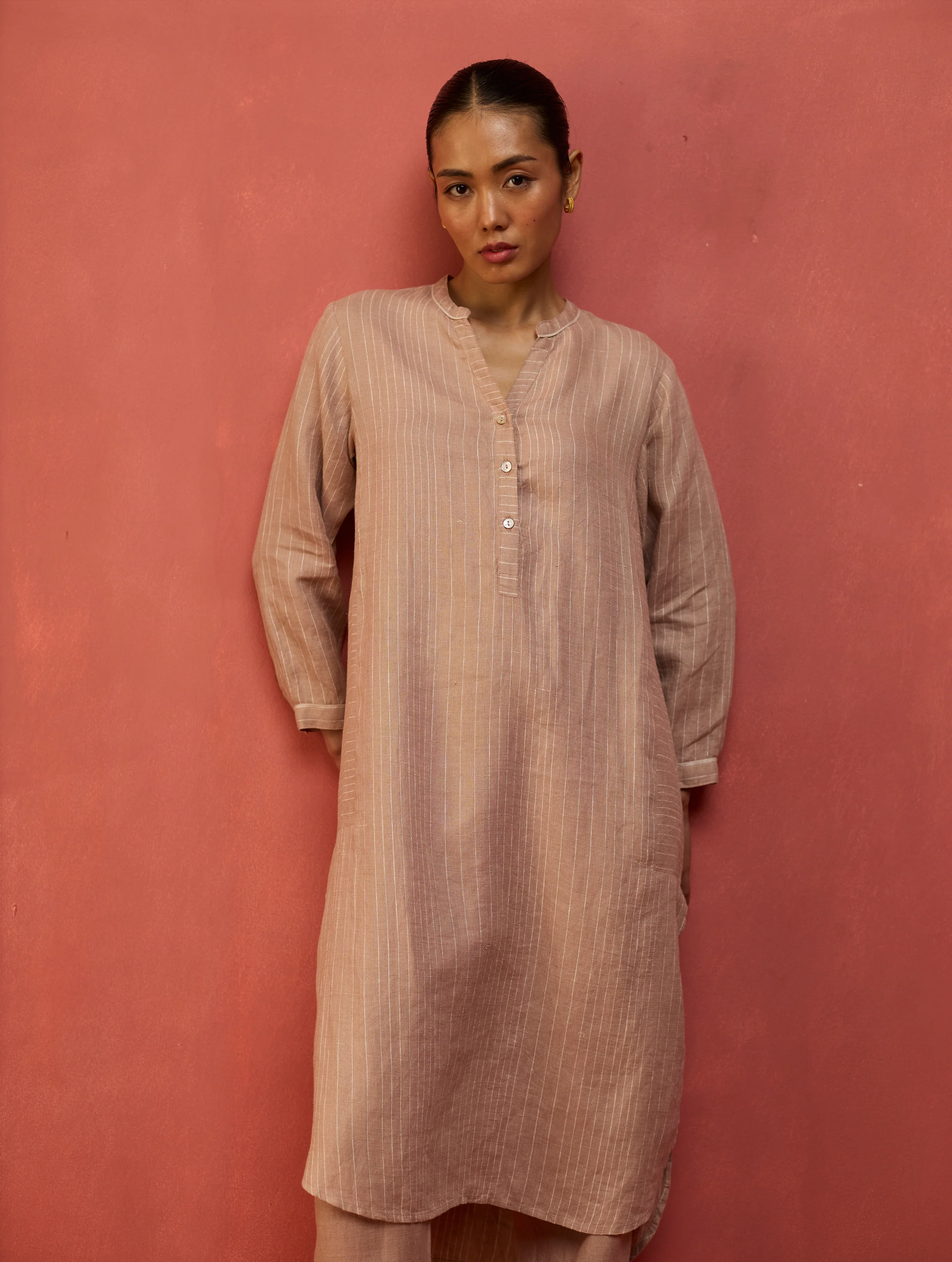 Bunka Stripe Linen Kurta - Dusty Rose - Image 5