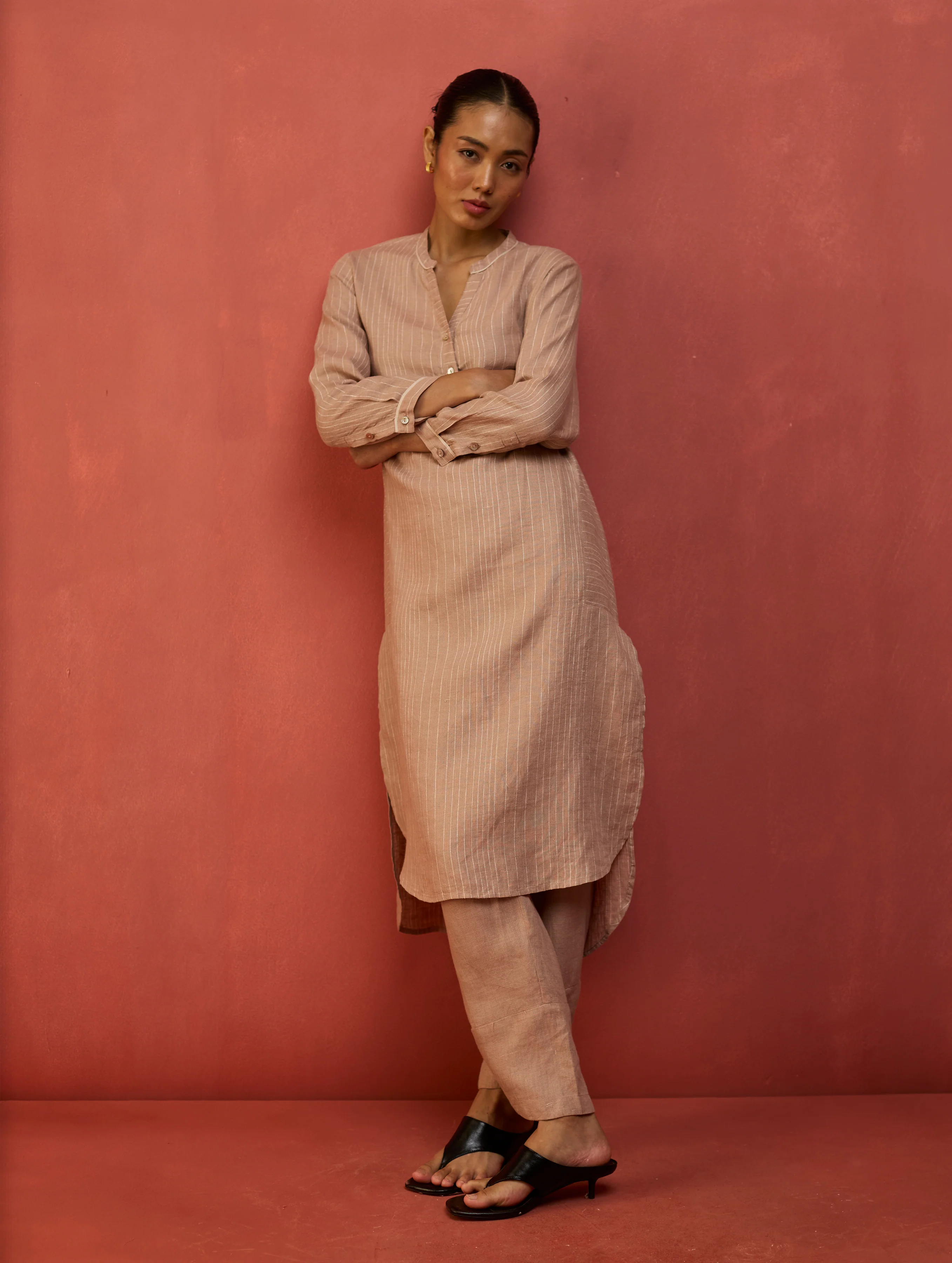 Bunka Stripe Linen Kurta Set - Dusty Rose - Image 10