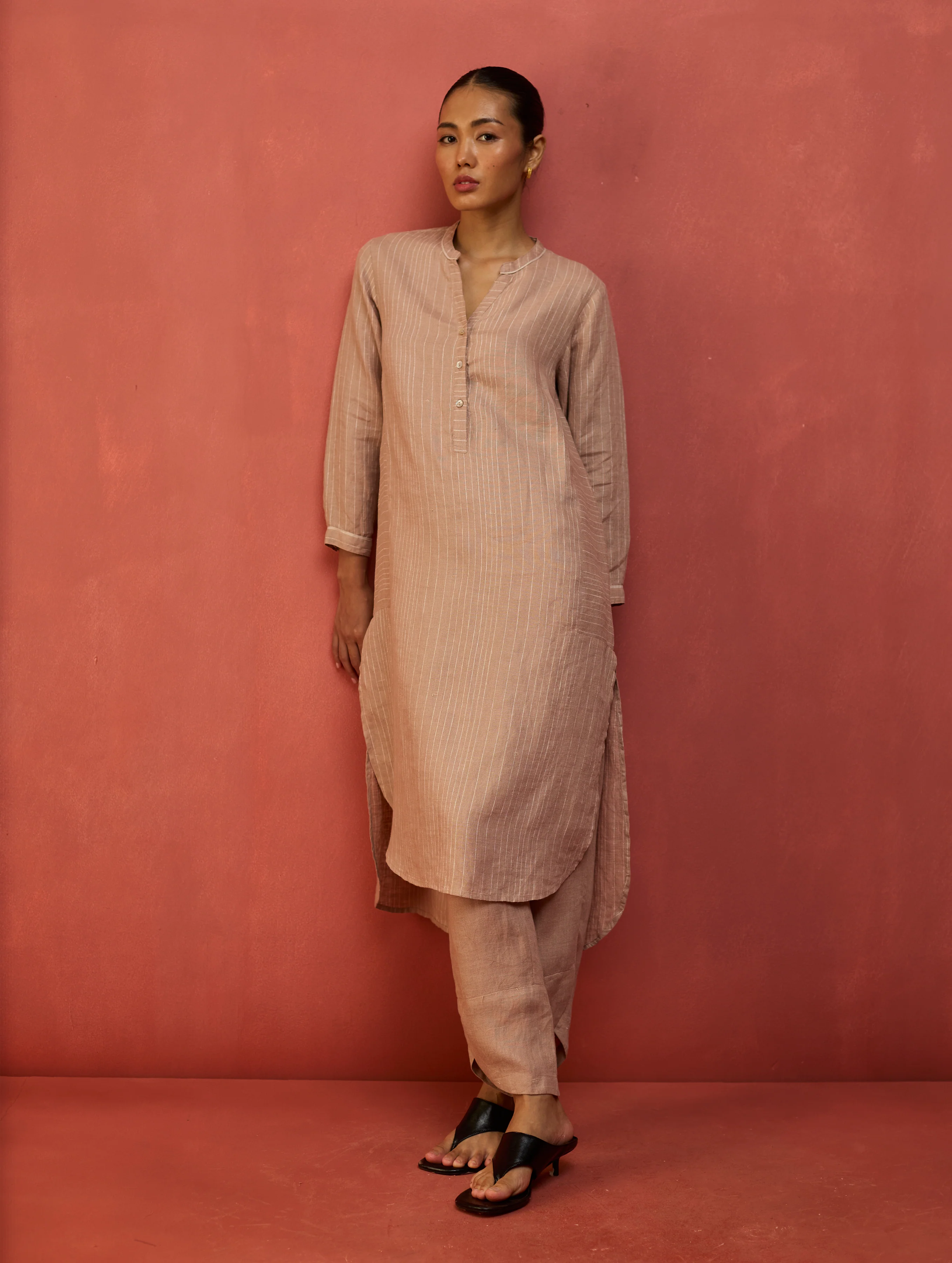 Bunka Stripe Linen Kurta Set - Dusty Rose - Image 2