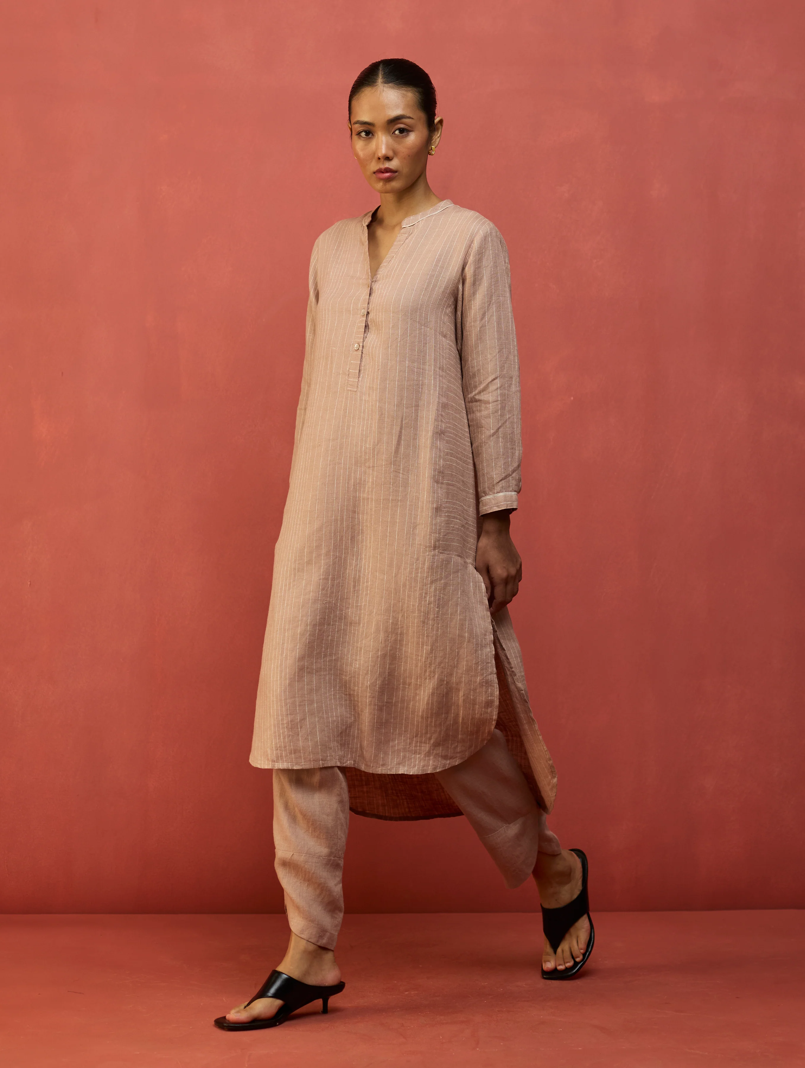 Bunka Stripe Linen Kurta Set - Dusty Rose - Image 3