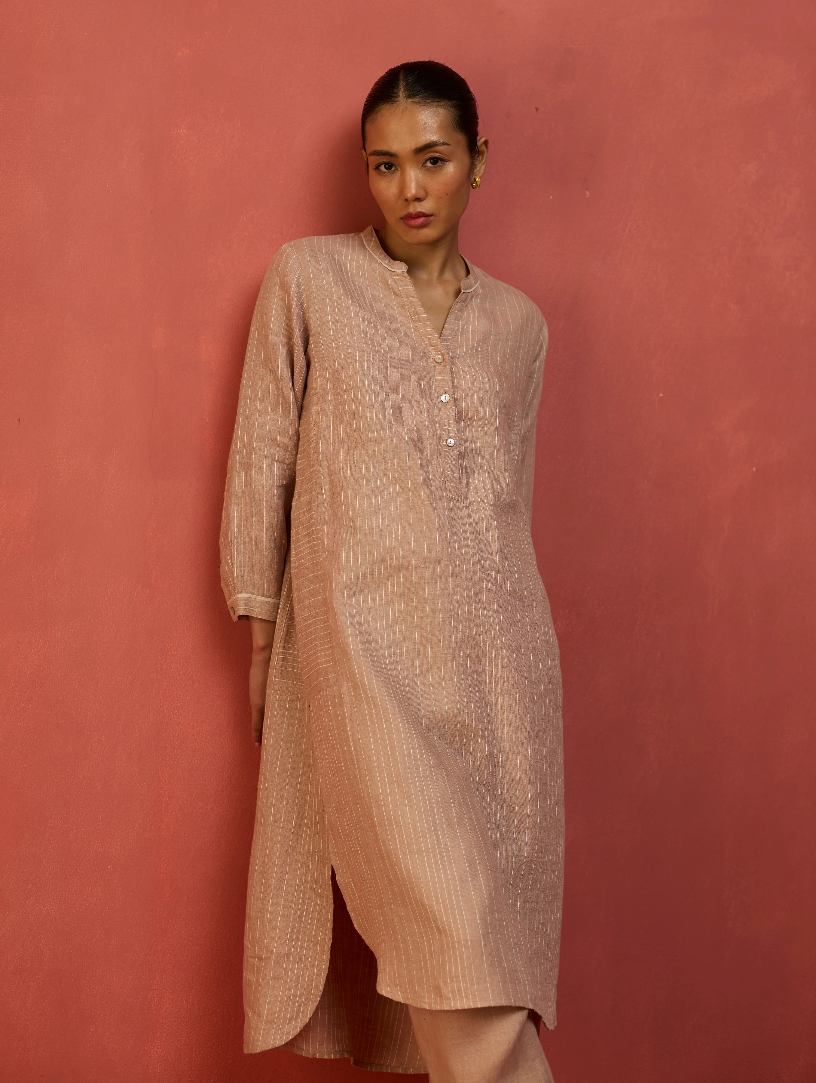 Bunka Stripe Linen Kurta Set - Dusty Rose - Image 4