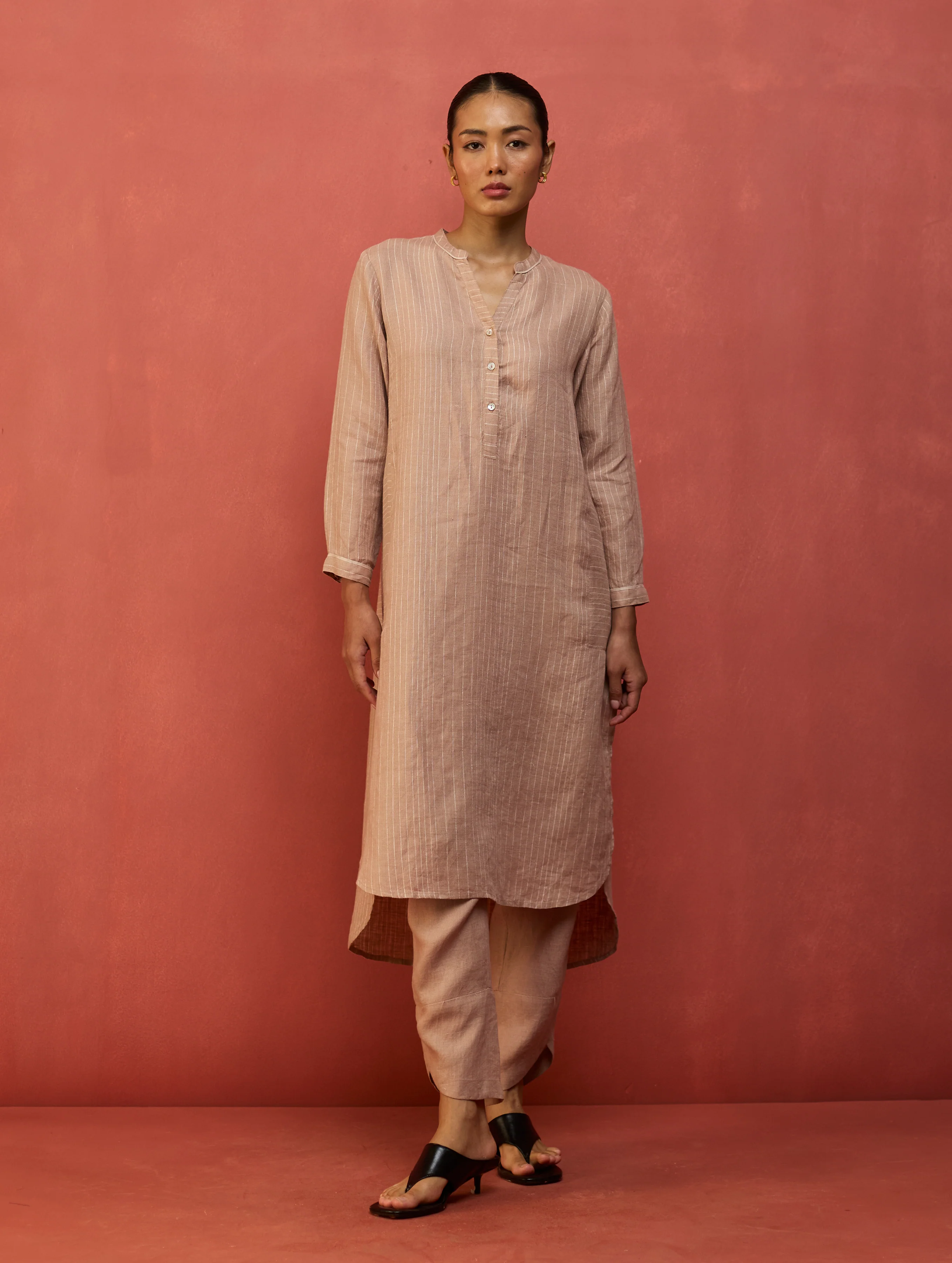 Bunka Stripe Linen Kurta Set - Dusty Rose - Image 6