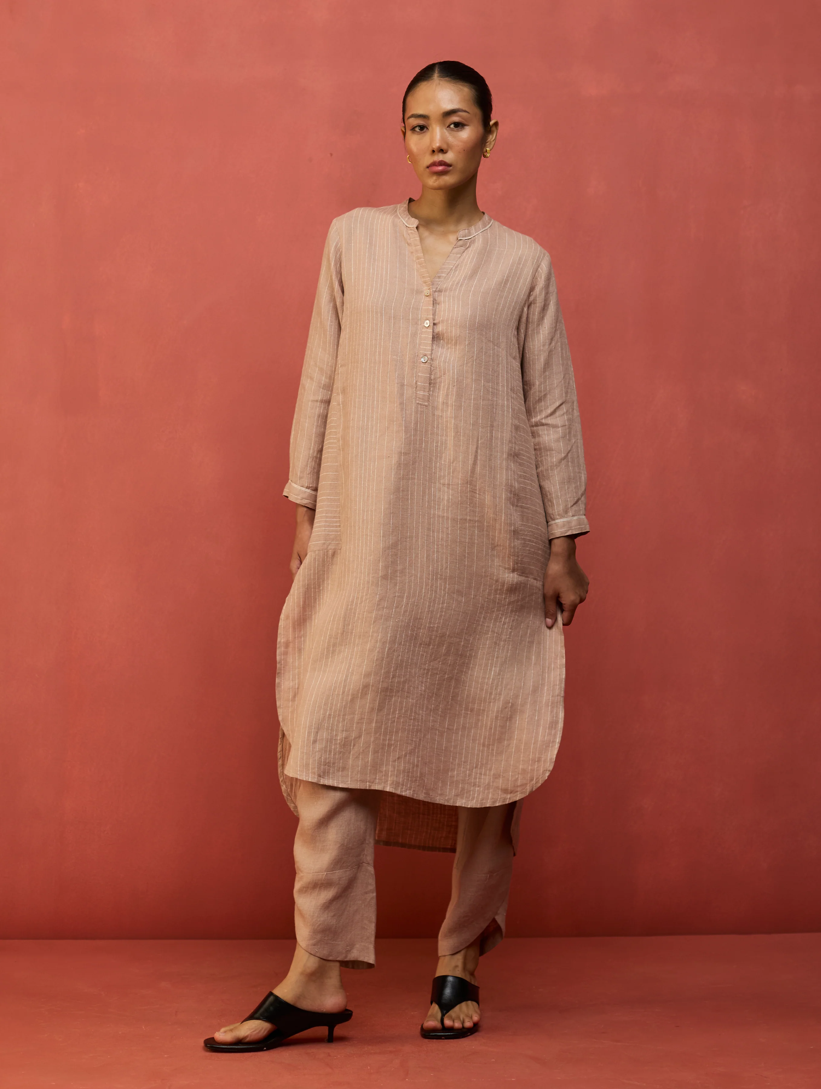 Bunka Stripe Linen Kurta Set - Dusty Rose - Image 7
