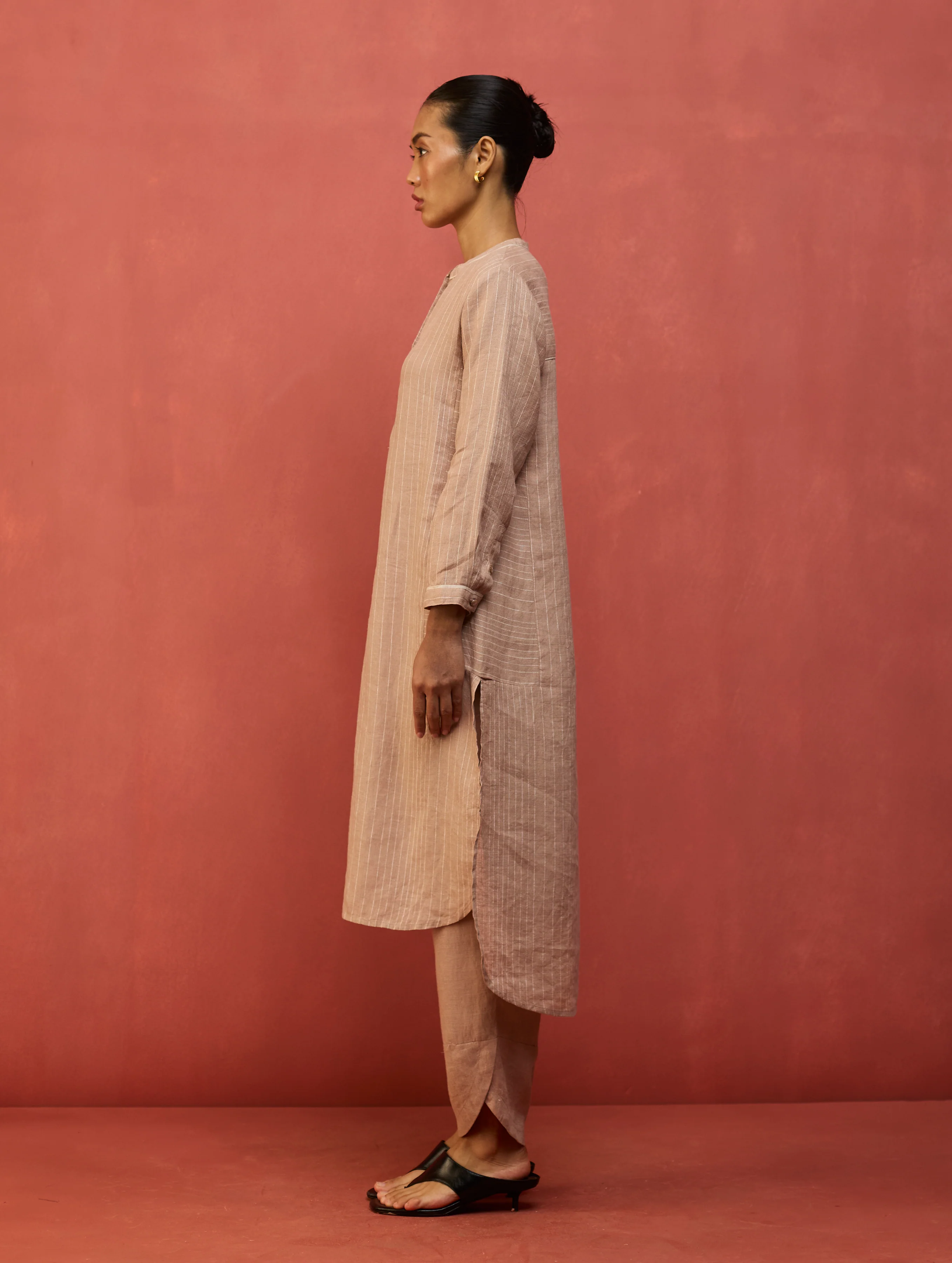 Bunka Stripe Linen Kurta Set - Dusty Rose - Image 9