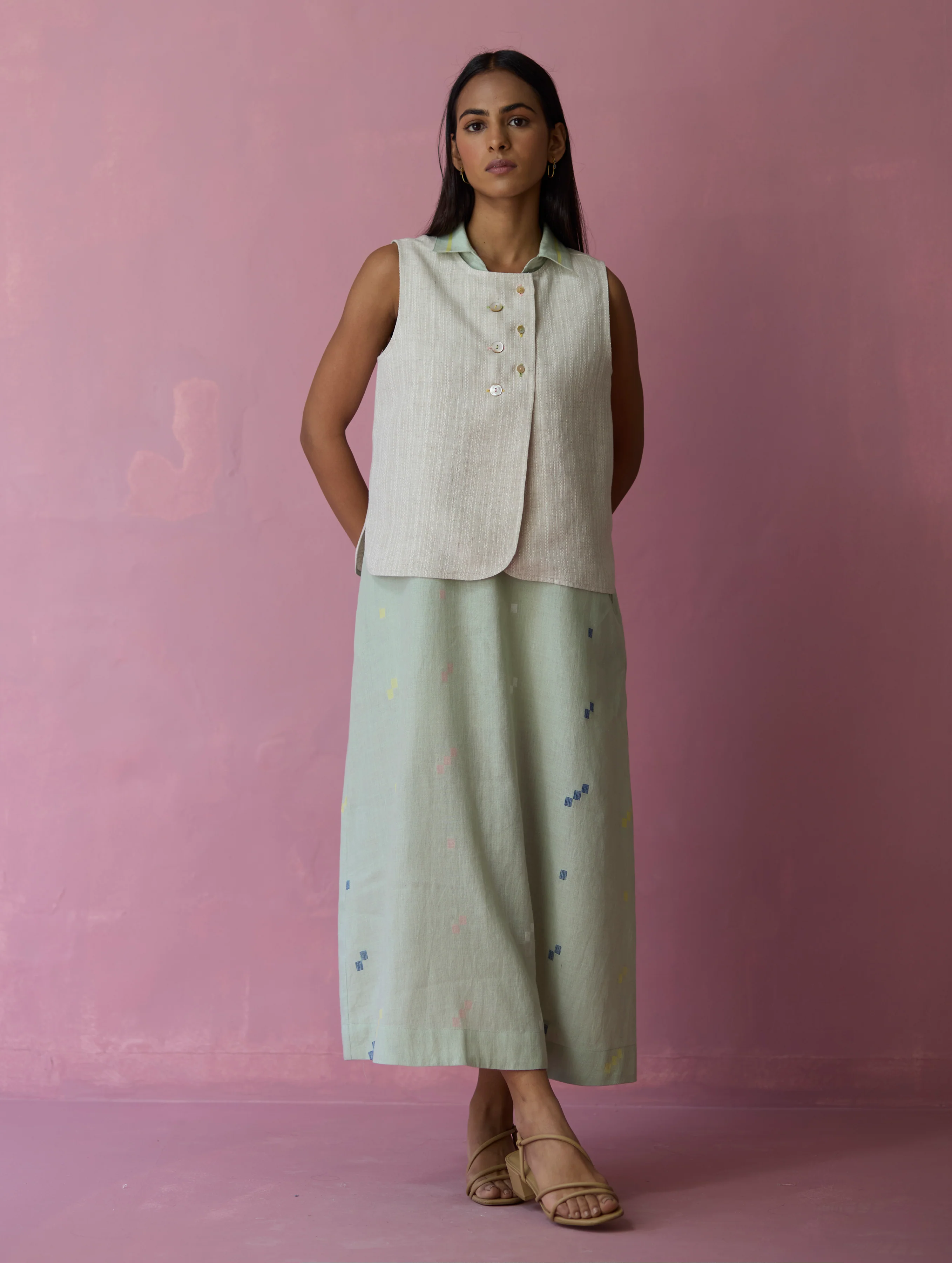 Cara Collared Jamdani Linen Co-ord Set - Aqua - Image 2